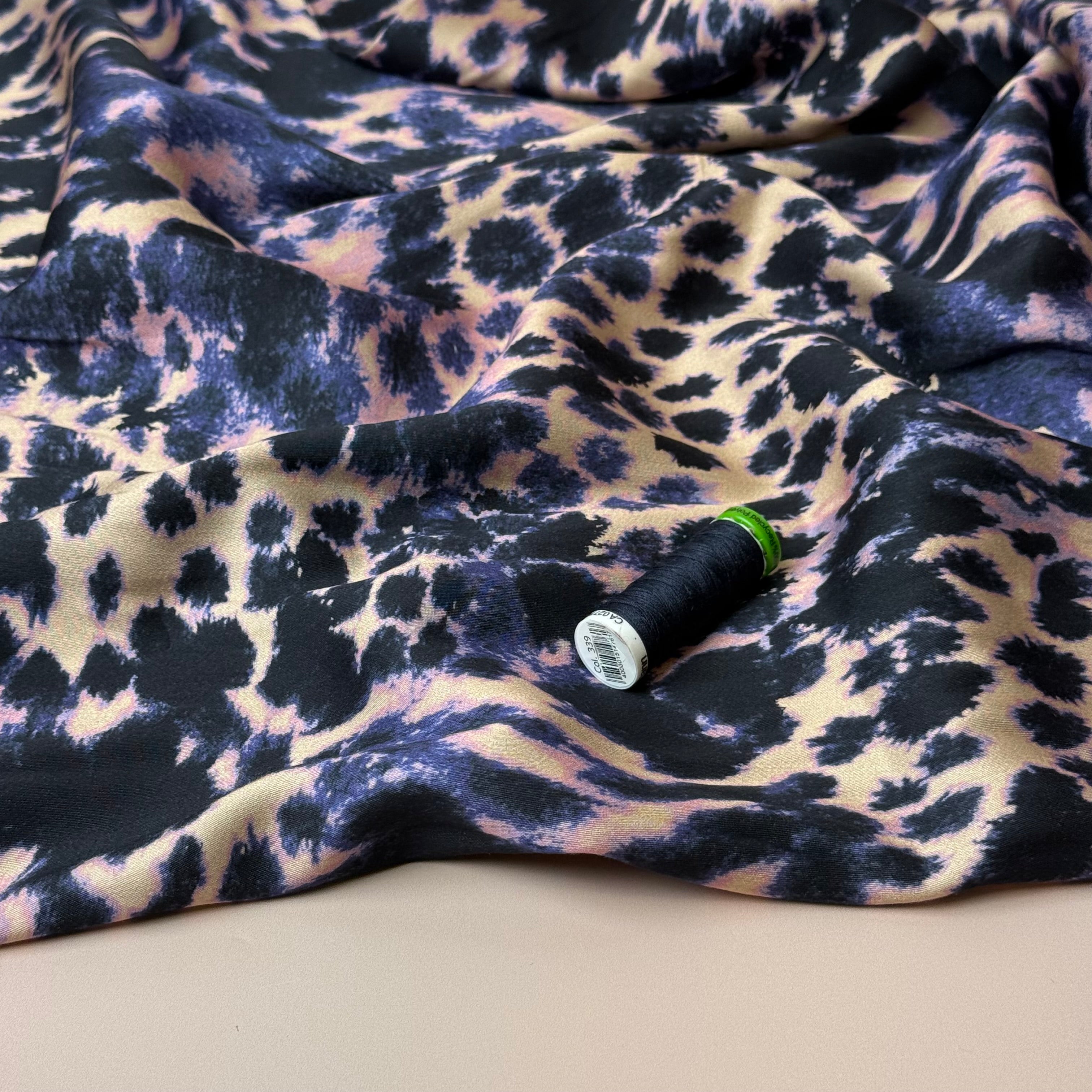Indigo Animal Print Viscose Sateen Fabric