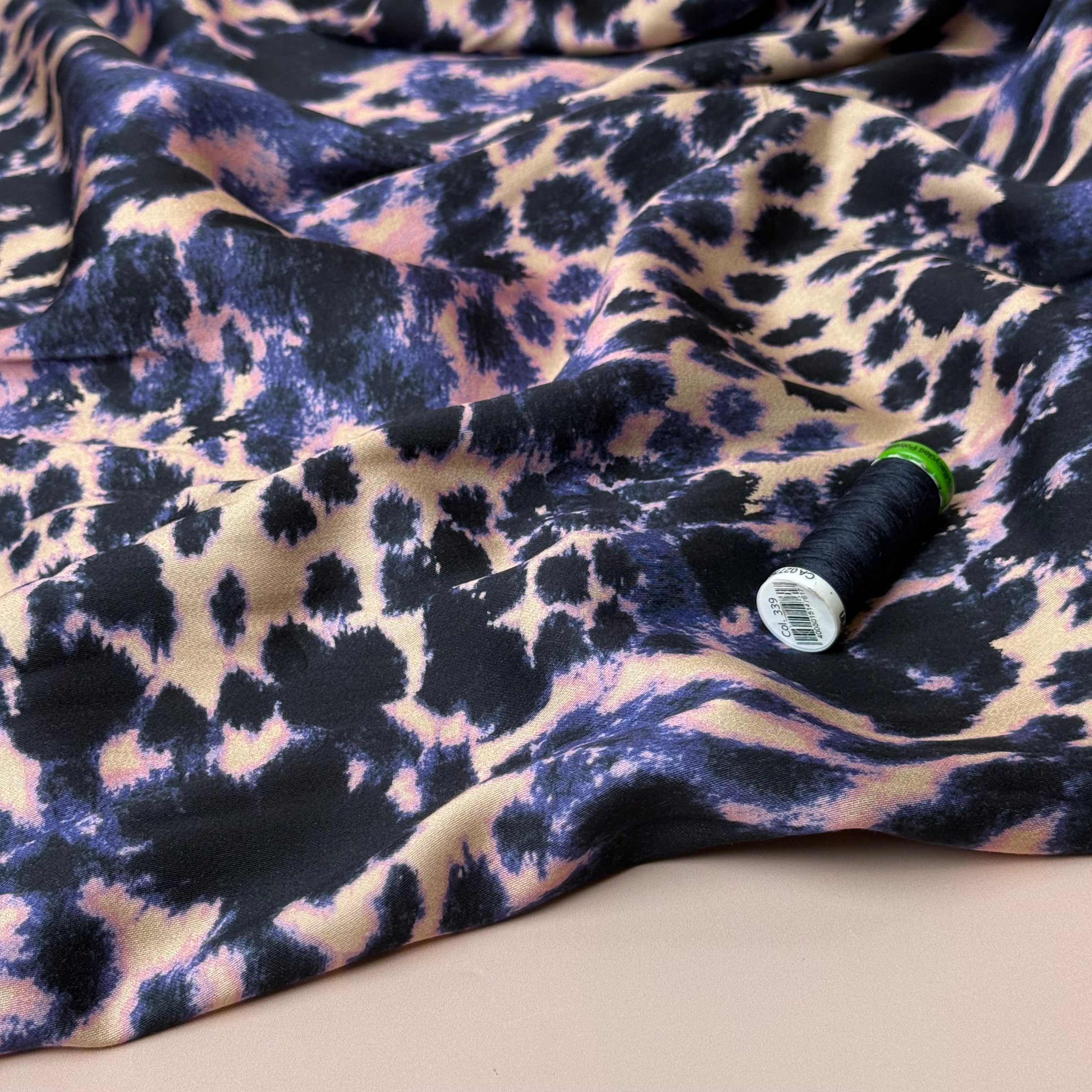 Indigo Animal Print Viscose Sateen Fabric