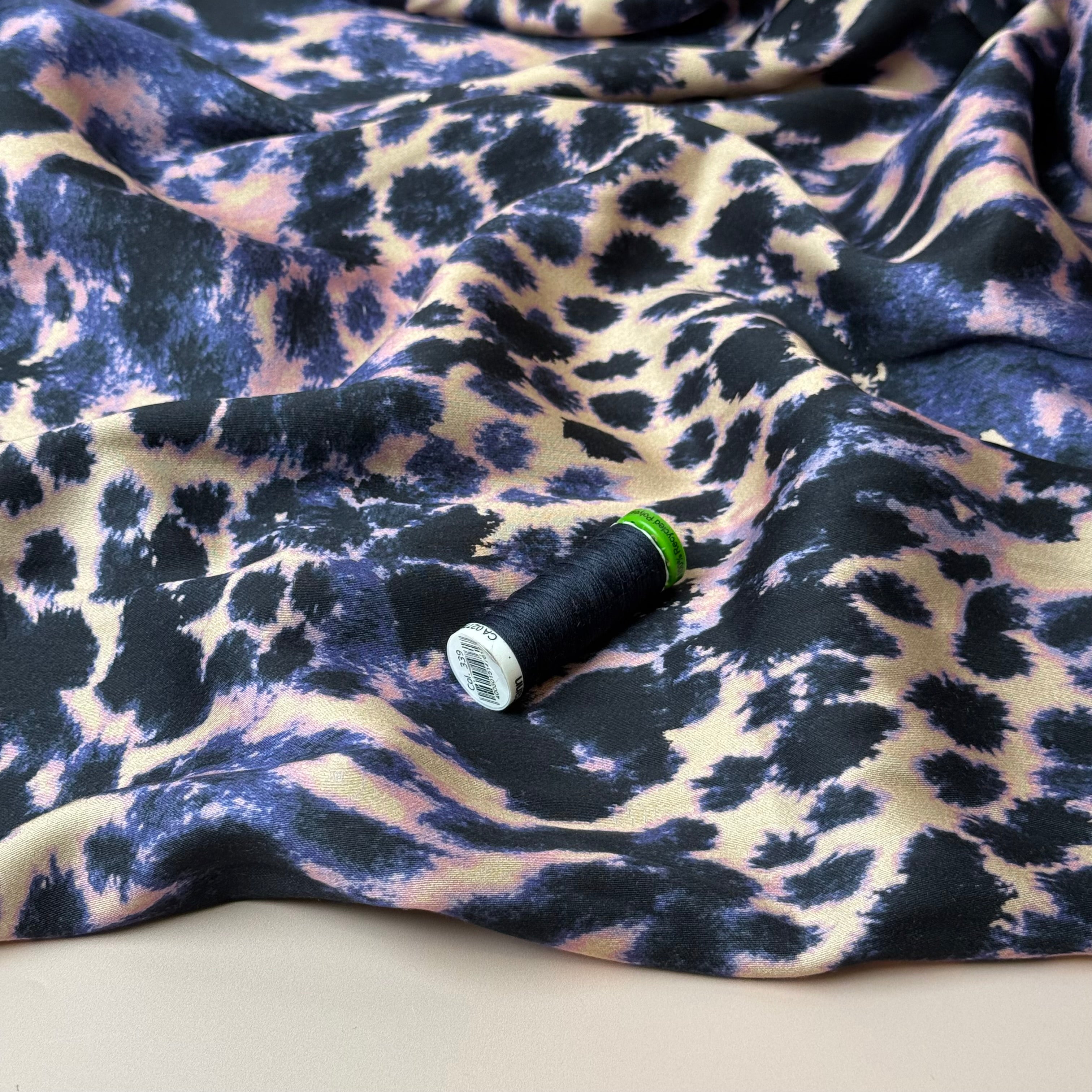 Indigo Animal Print Viscose Sateen Fabric