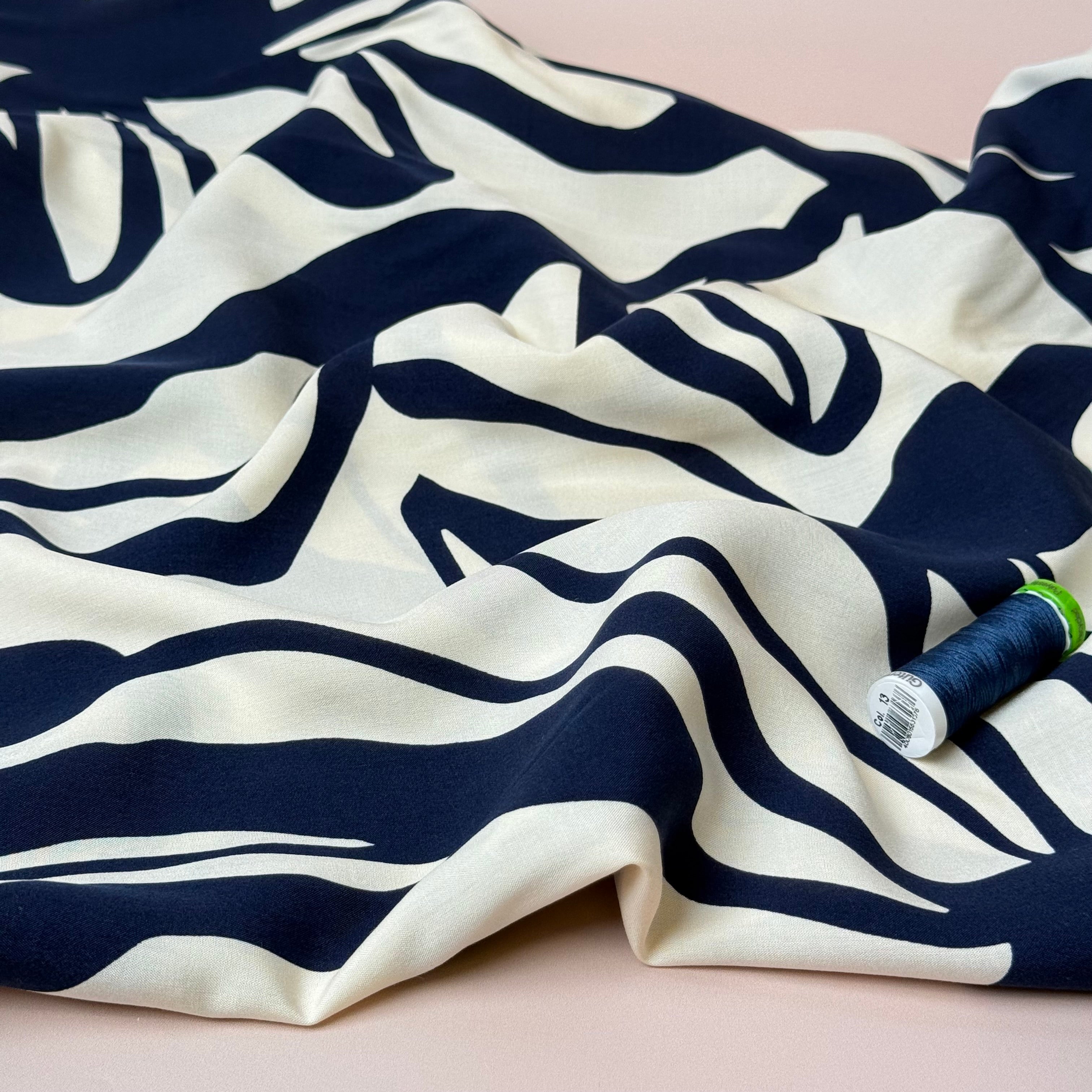 Abstract Floral Navy Viscose Poplin Fabric