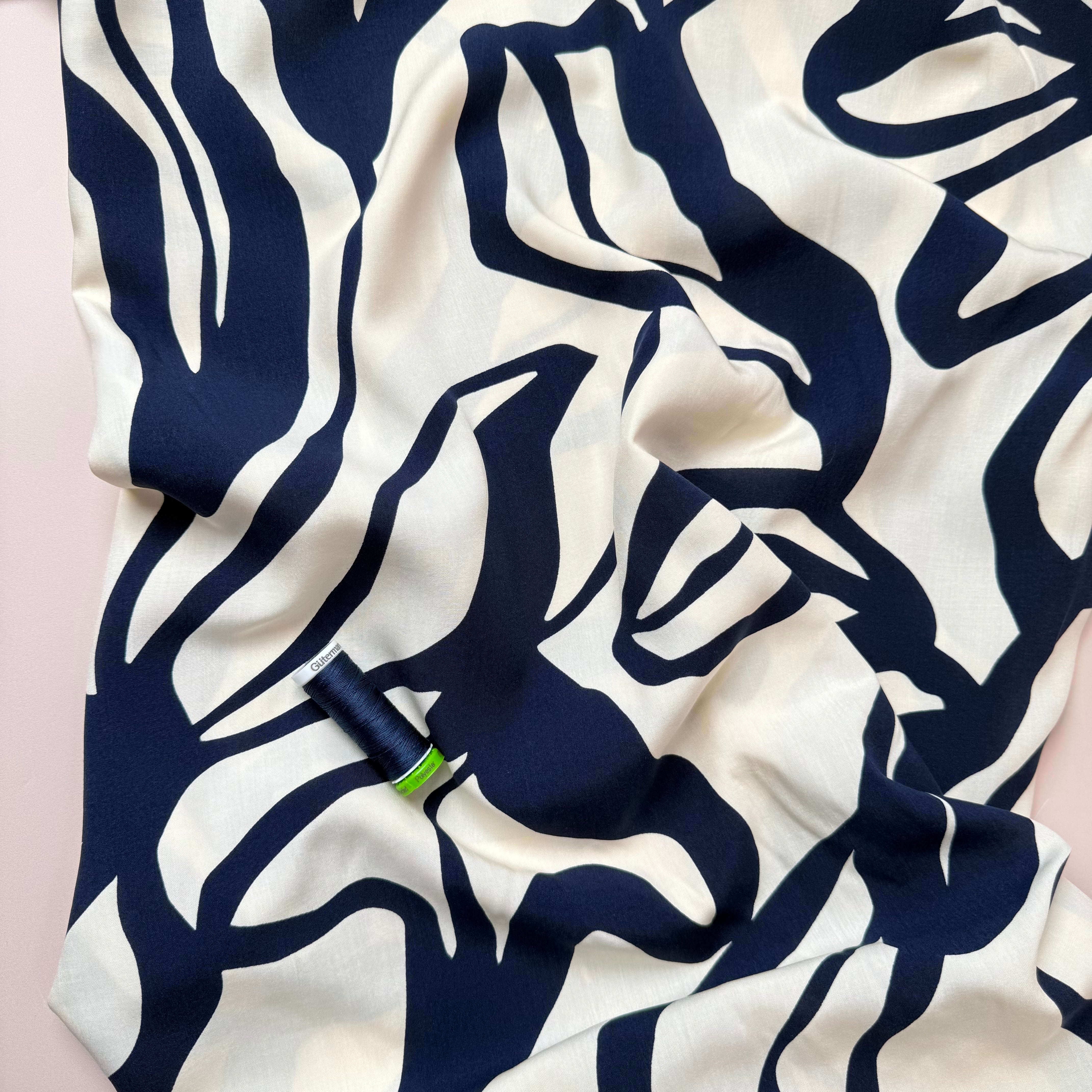Abstract Floral Navy Viscose Poplin Fabric