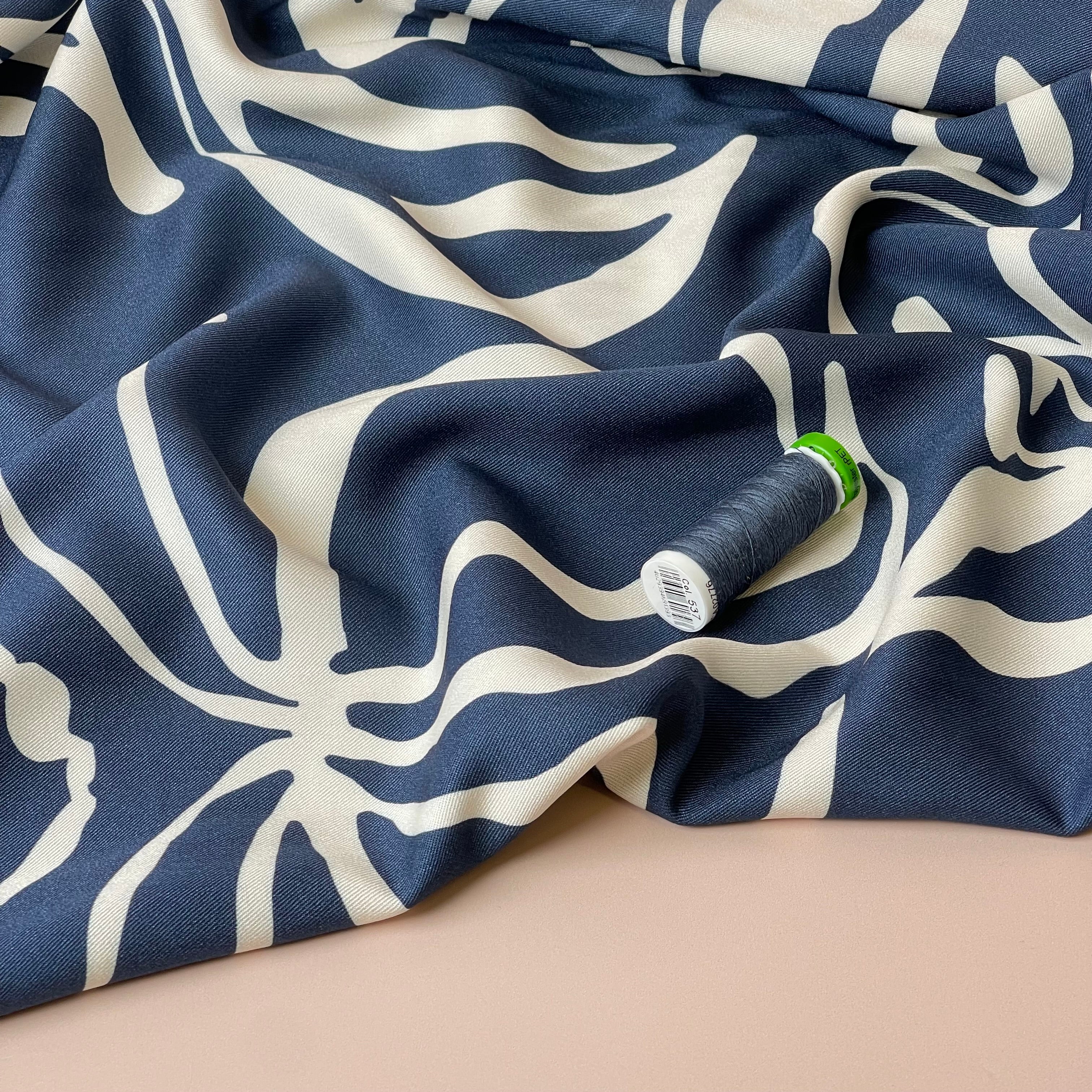 Light & Lush - Monochrome Flowers on Blue Viscose Twill Fabric