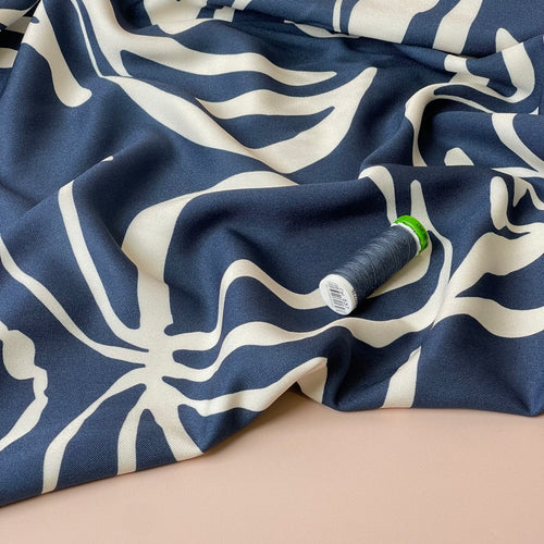 Light & Lush - Monochrome Flowers on Blue Viscose Twill Fabric