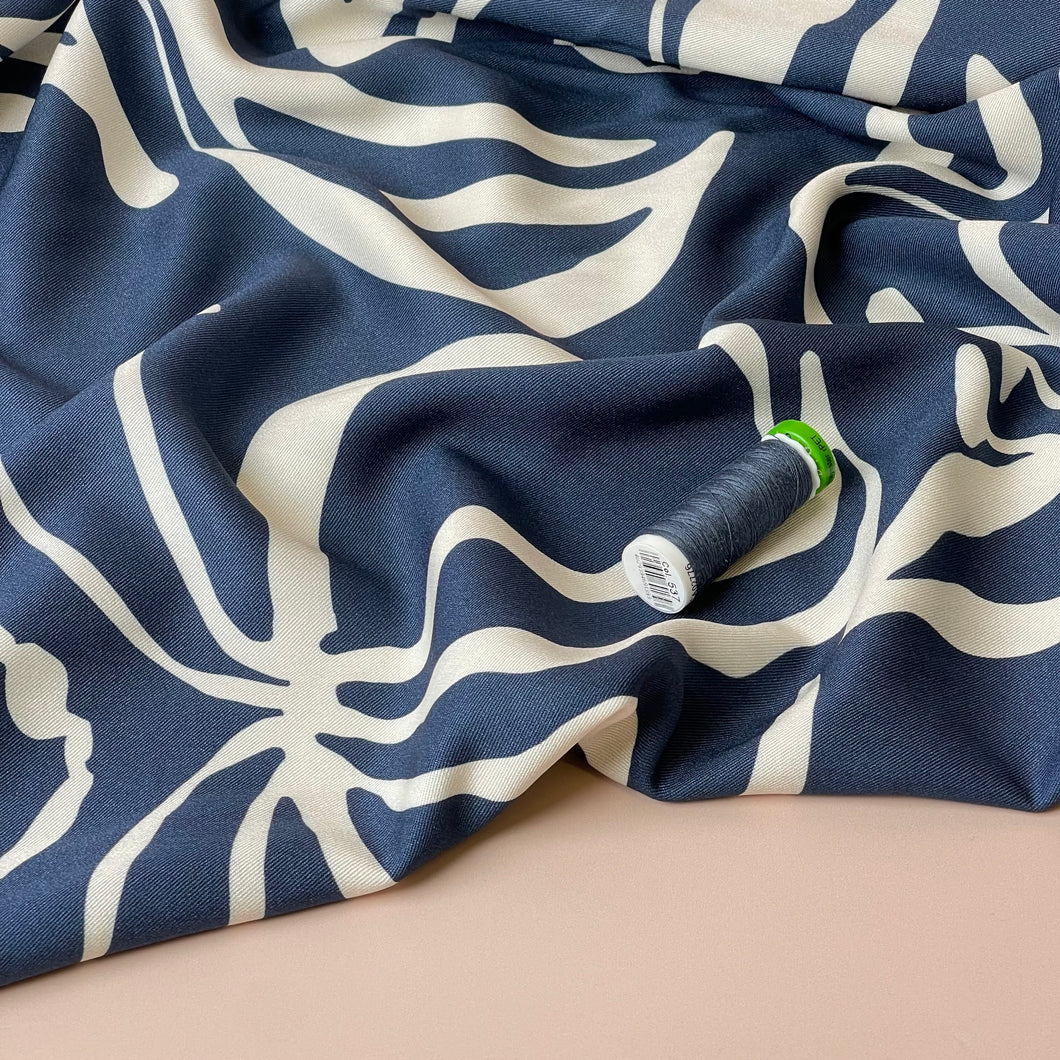 Light & Lush - Monochrome Flowers on Blue Viscose Twill Fabric