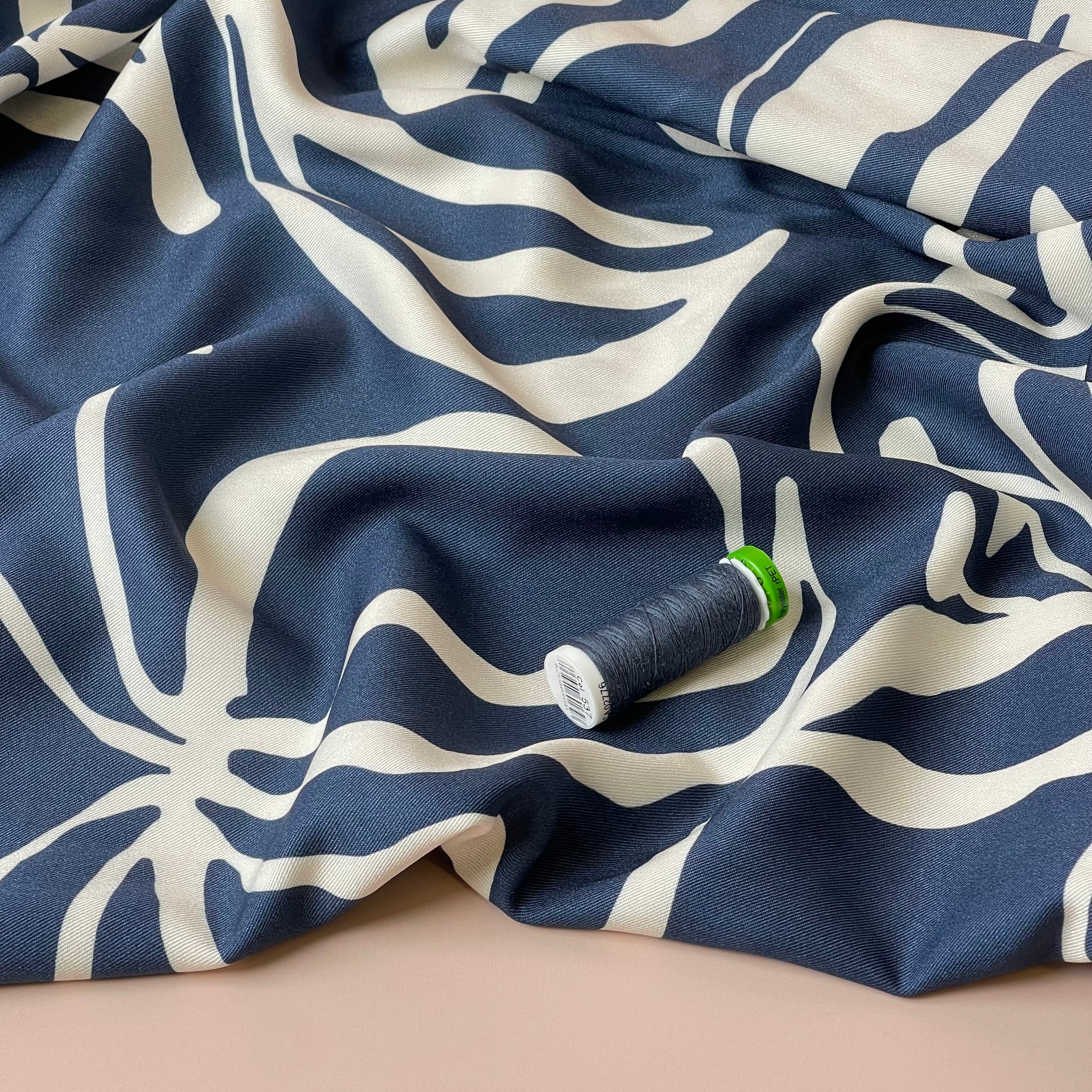 Light & Lush - Monochrome Flowers on Blue Viscose Twill Fabric