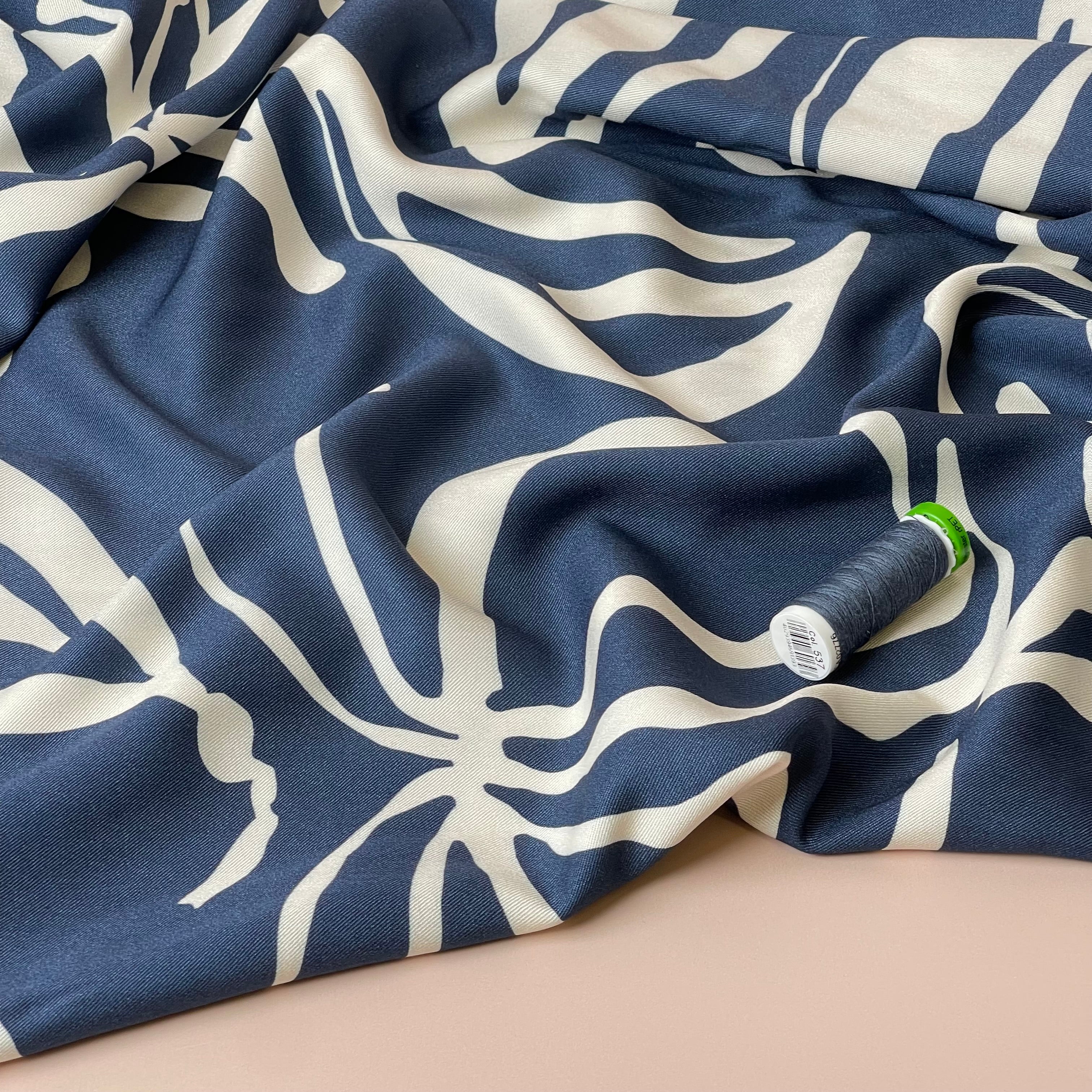 Light & Lush - Monochrome Flowers on Blue Viscose Twill Fabric