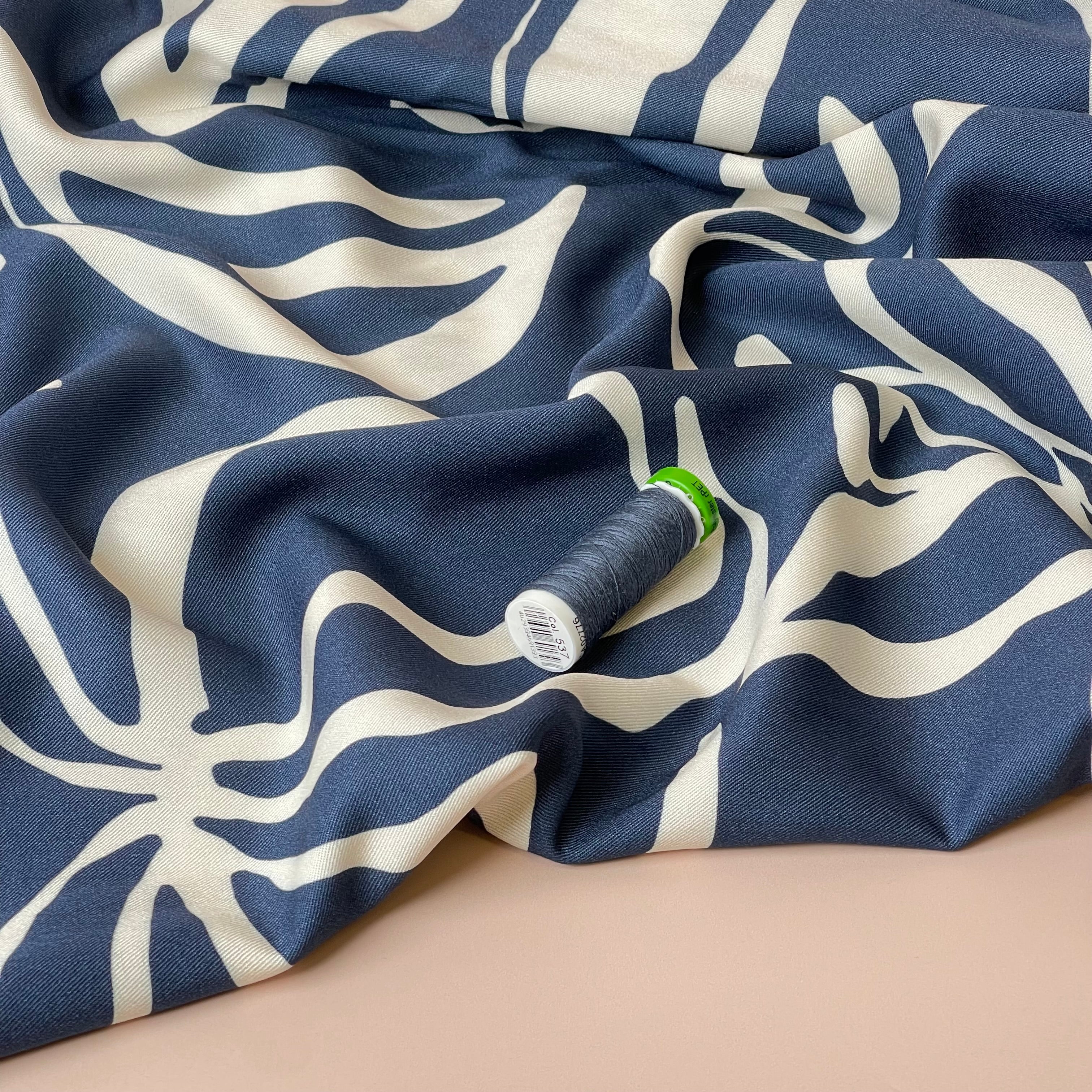 Light & Lush - Monochrome Flowers on Blue Viscose Twill Fabric