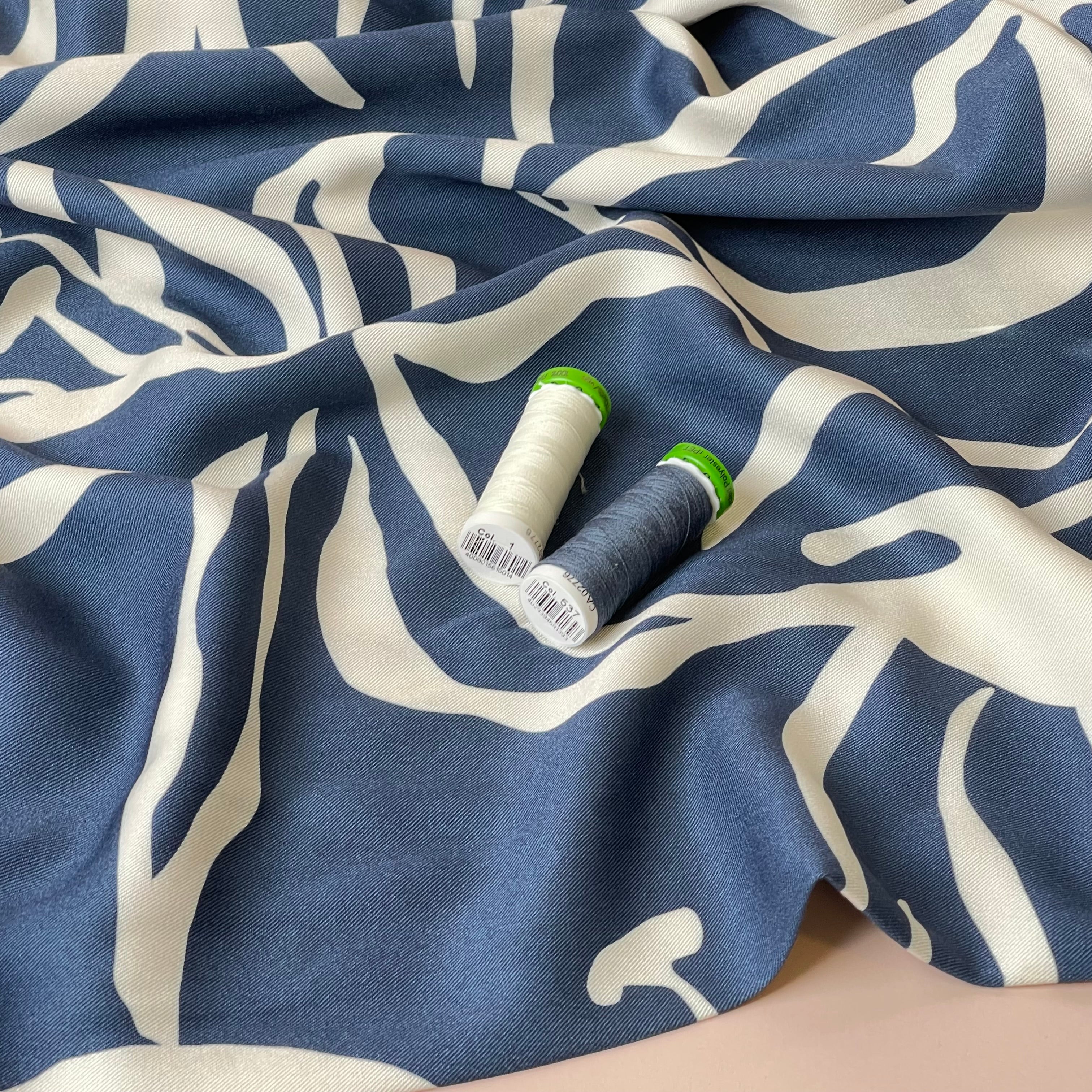 Light & Lush - Monochrome Flowers on Blue Viscose Twill Fabric