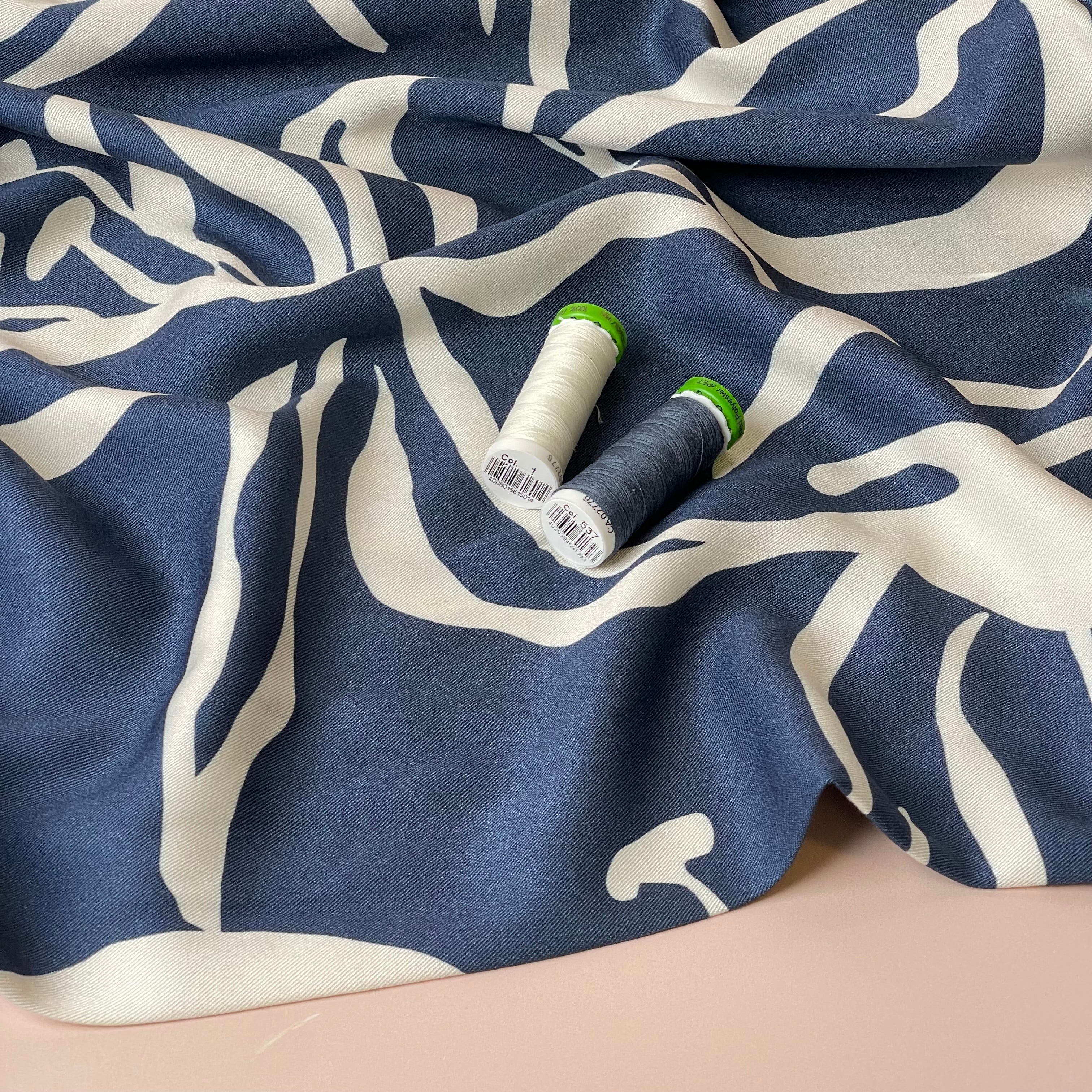 Light & Lush - Monochrome Flowers on Blue Viscose Twill Fabric