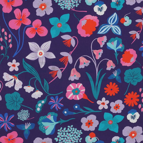 Nerida Hansen - Meadow Flowers on Dark Purple Cotton Poplin Fabric