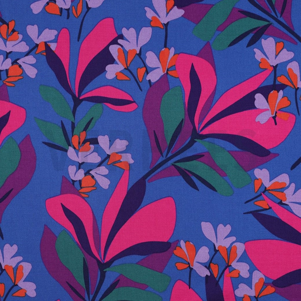 Nerida Hansen - Rosella Spring Garden on Royal Blue Stretch Viscose Twill Fabric