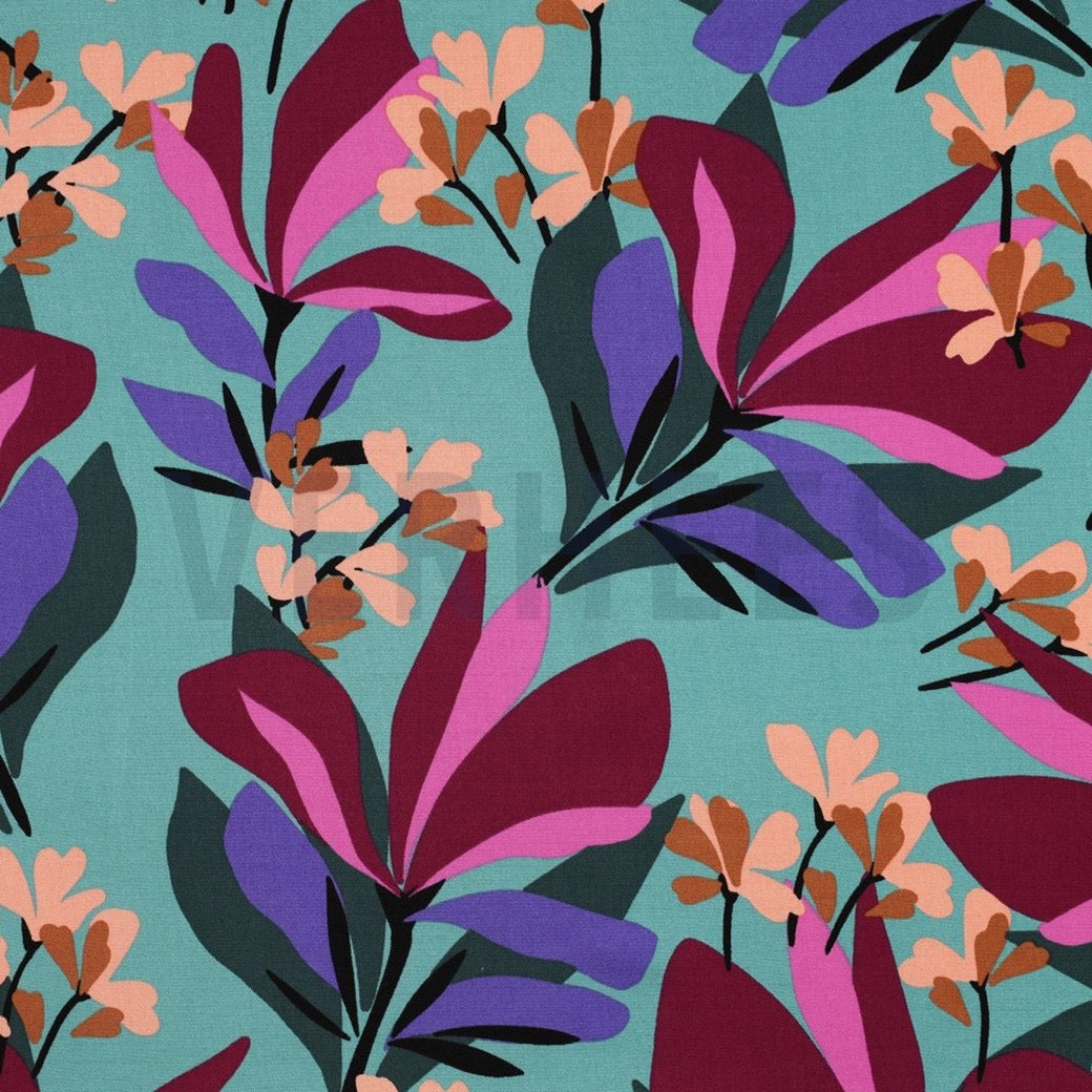 Nerida Hansen - Rosella Spring Garden on Sea Blue Stretch Viscose Twill Fabric