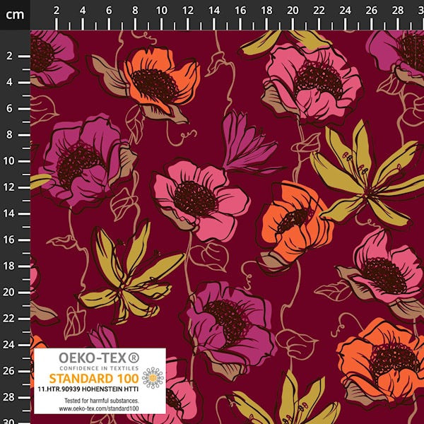 Danish Design - Autumn Blooms on Burgundy Cotton Jersey