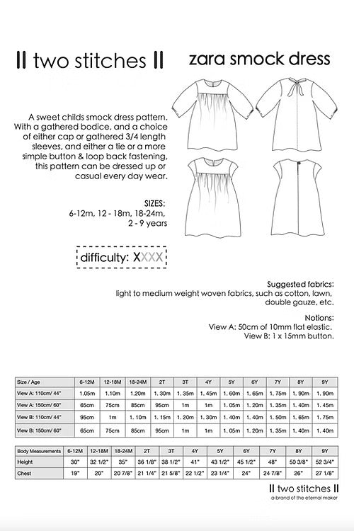 Two Stitches - Zara Smock Sewing Pattern 6 months - 9 years