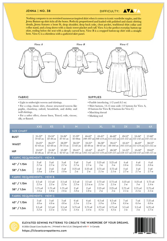 Closet Core - Jenna Shirt & Dress Sewing Pattern