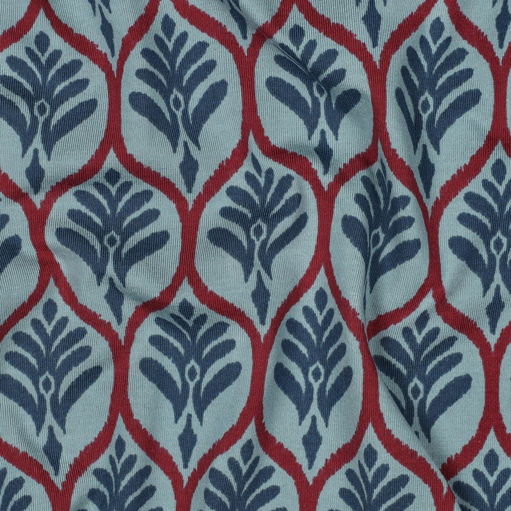 Leaf Stamps in Blue Cotton Jersey Fabric