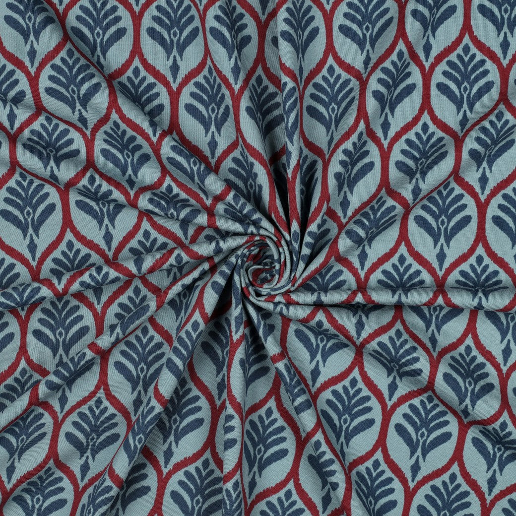 Leaf Stamps in Blue Cotton Jersey Fabric