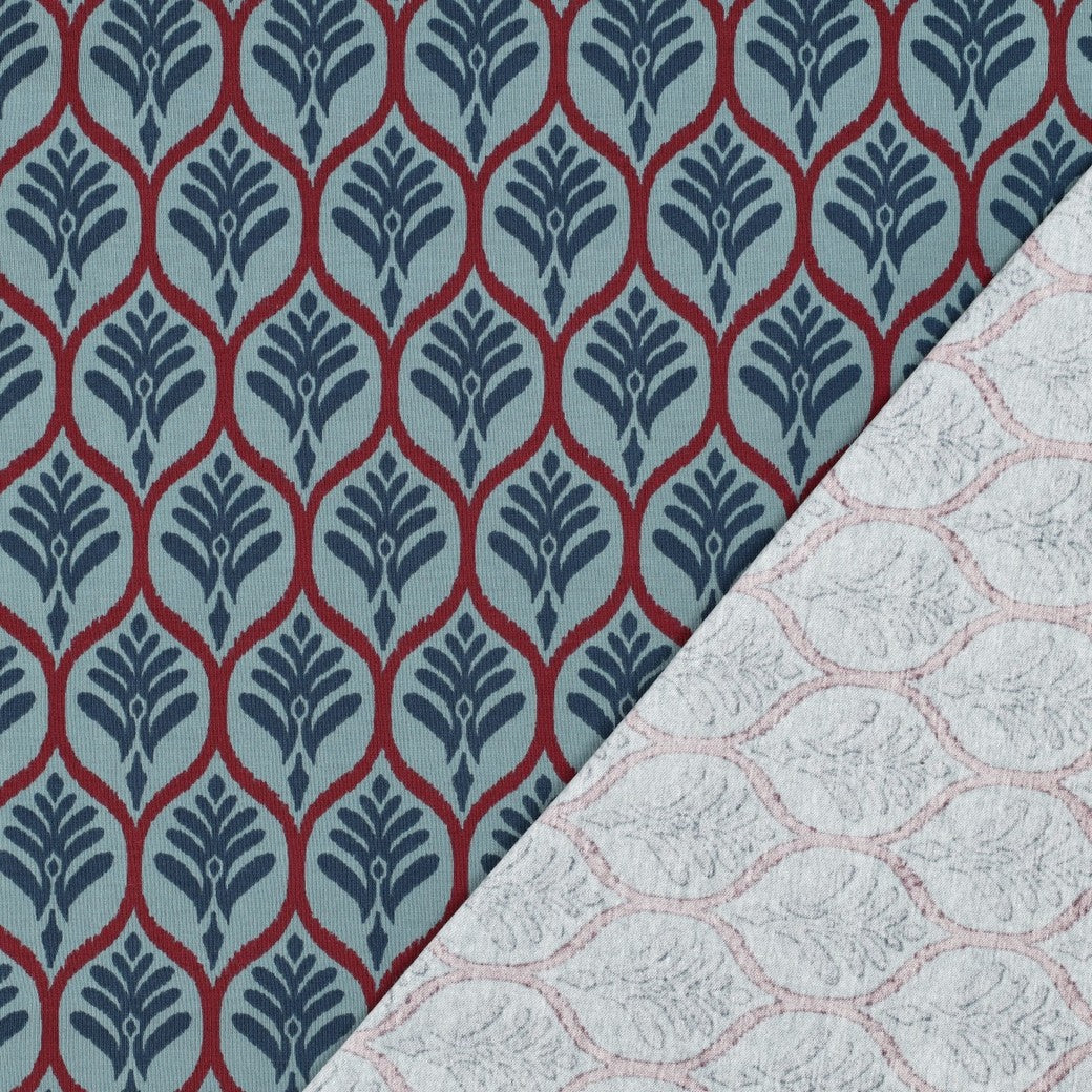 Leaf Stamps in Blue Cotton Jersey Fabric