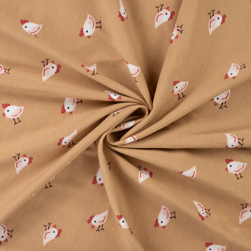 Chicken on Beige Cotton Jersey Fabric