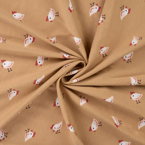 Chicken on Beige Cotton Jersey Fabric