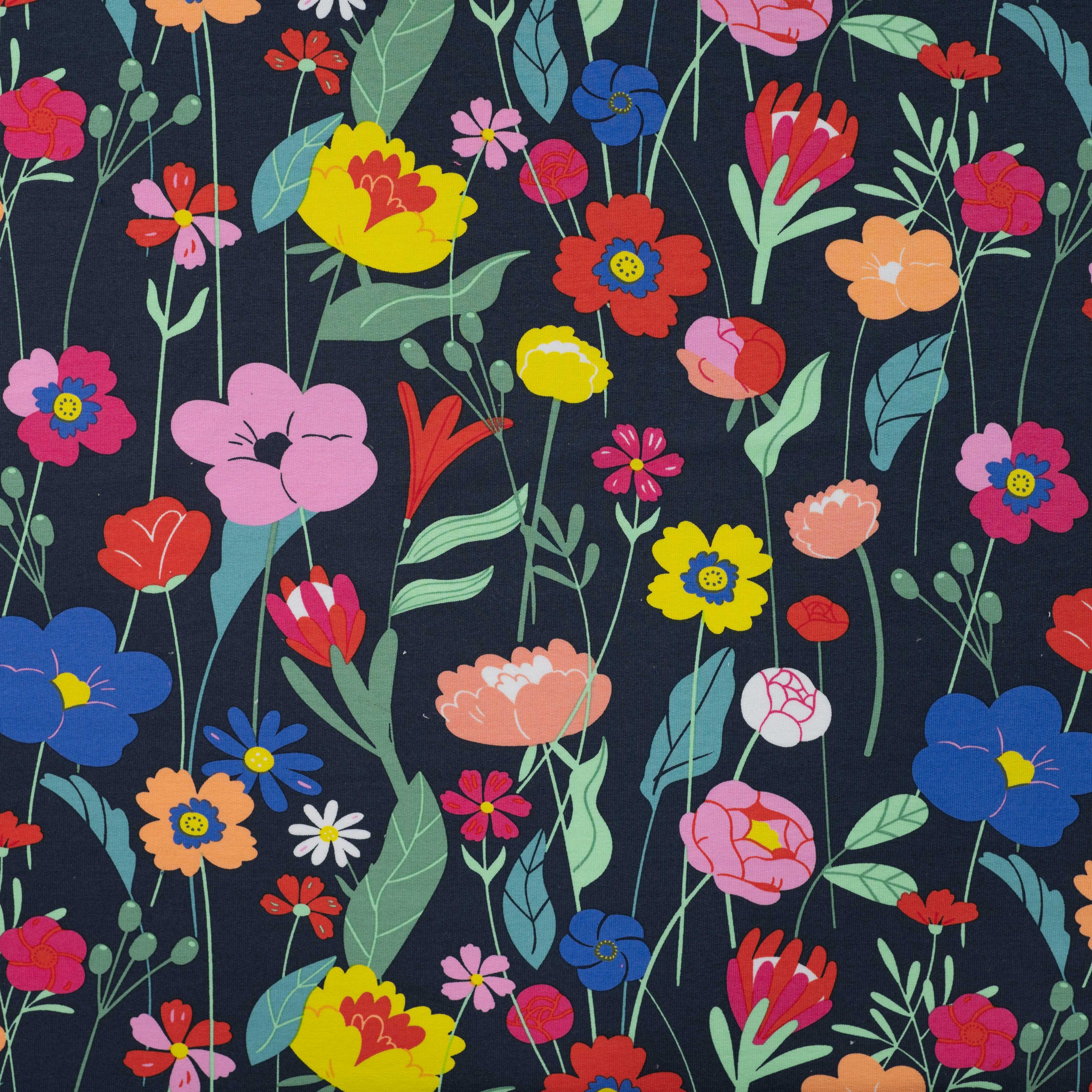 Colourful Flowers on Navy Cotton French Terry