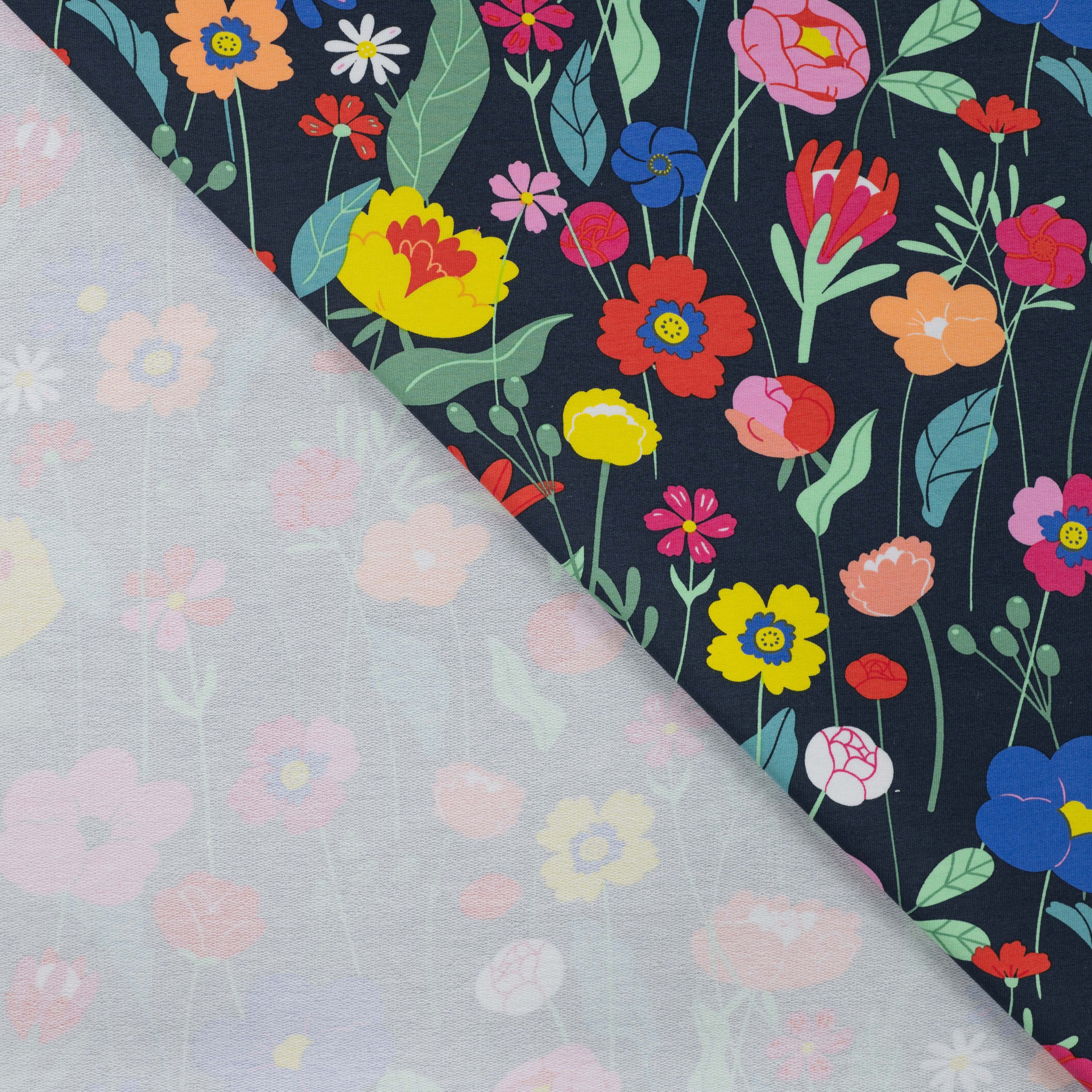 Colourful Flowers on Navy Cotton French Terry