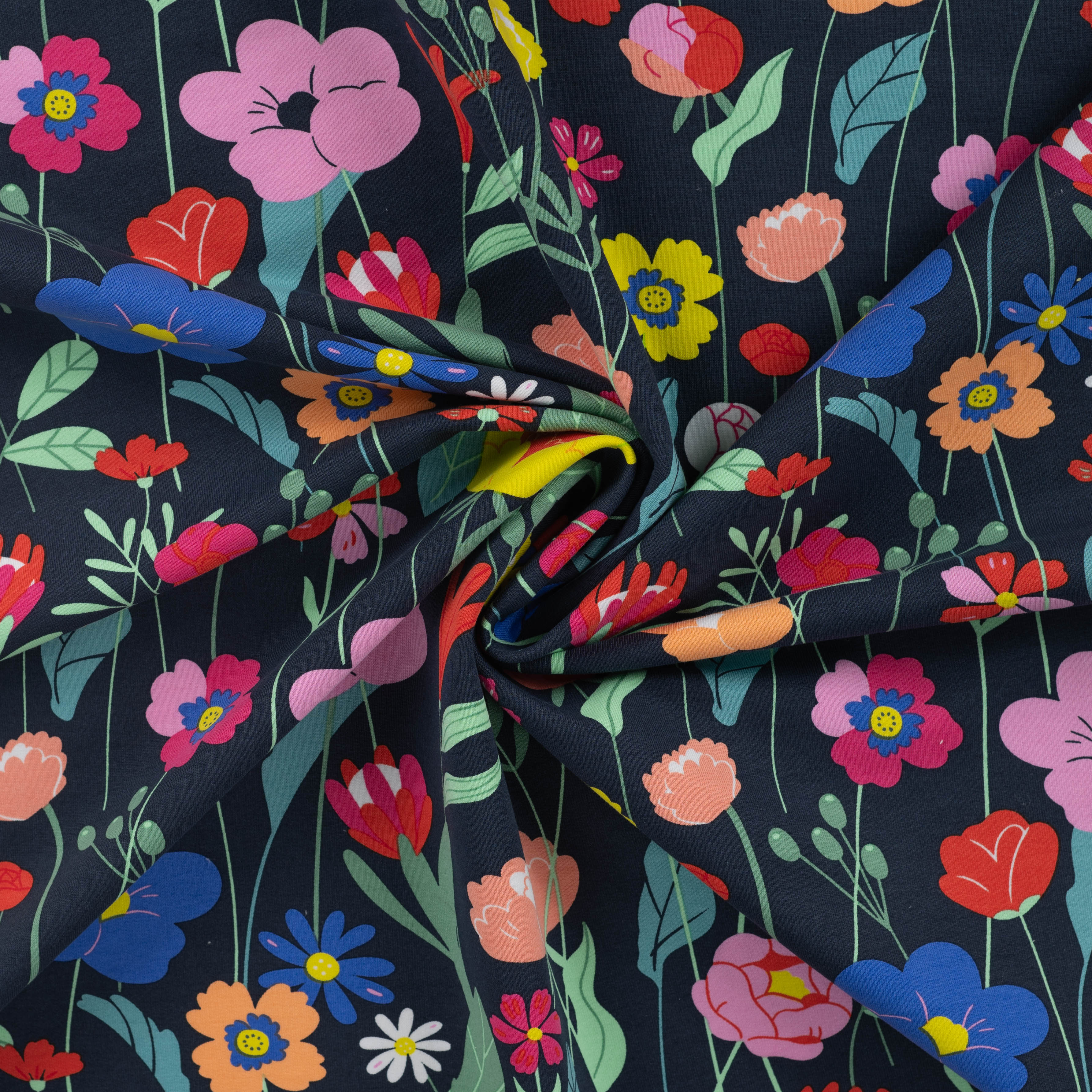 Colourful Flowers on Navy Cotton French Terry