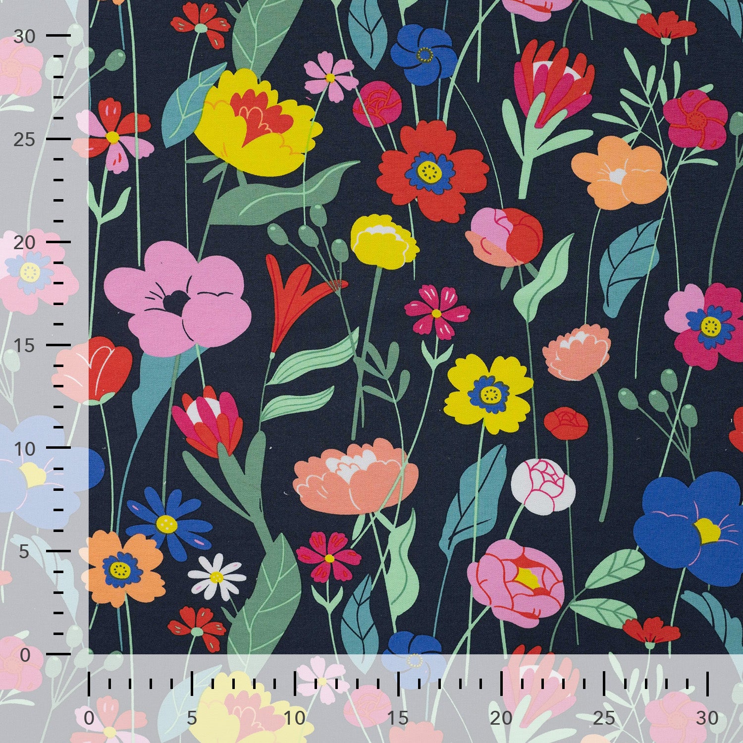 Colourful Flowers on Navy Cotton French Terry