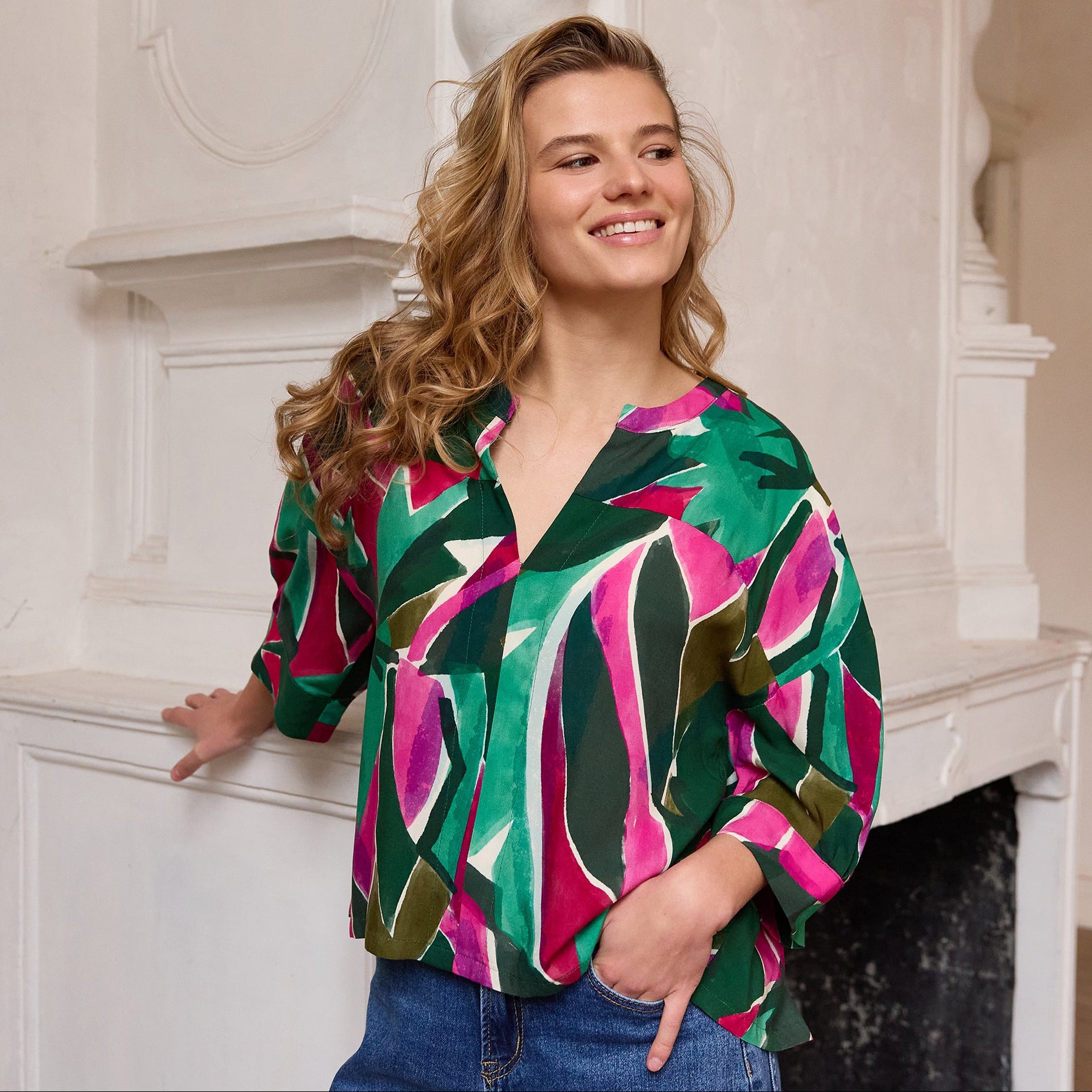 Atelier Jupe - Pink and Green Leaves Viscose Fabric