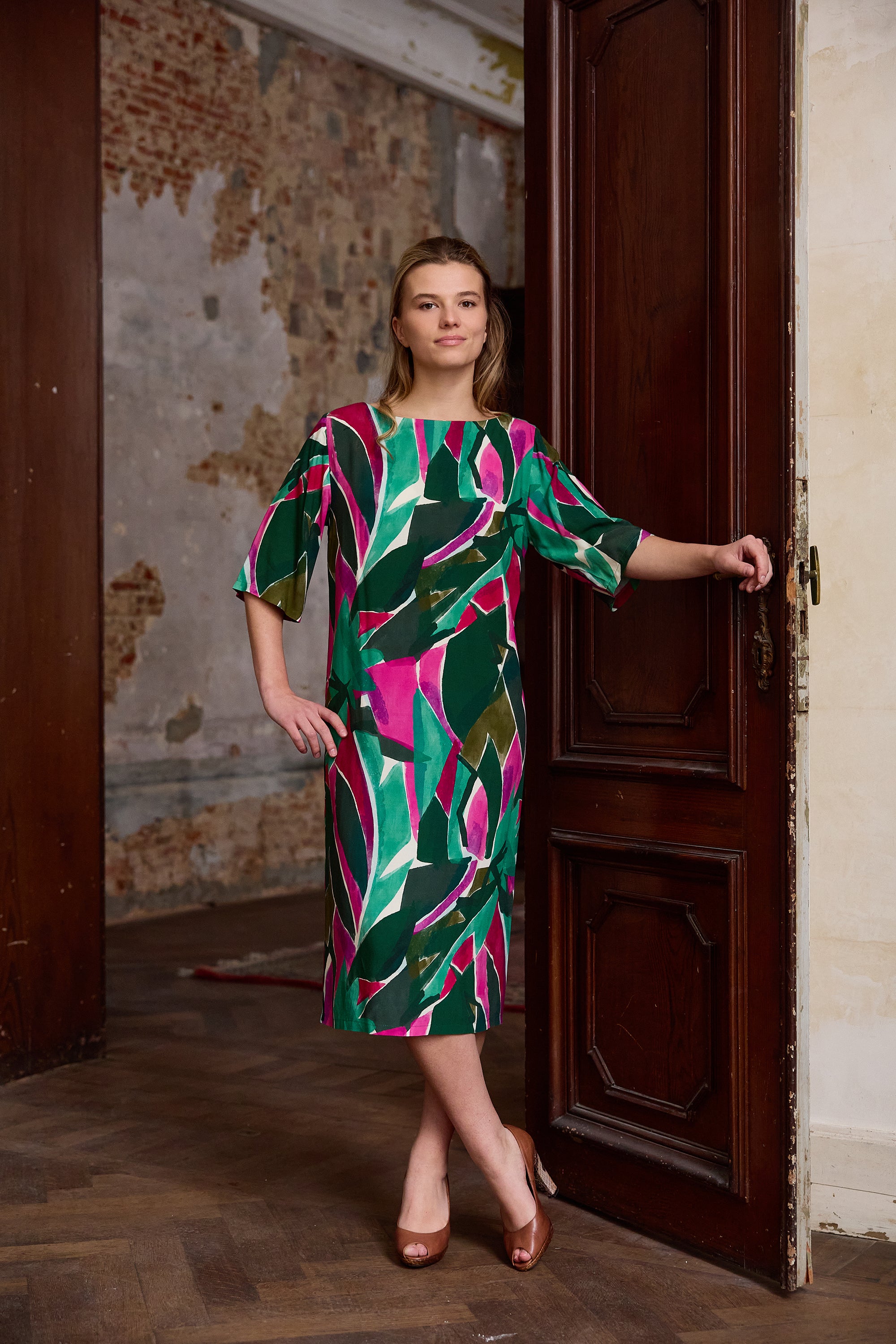 Atelier Jupe - Pink and Green Leaves Viscose Fabric