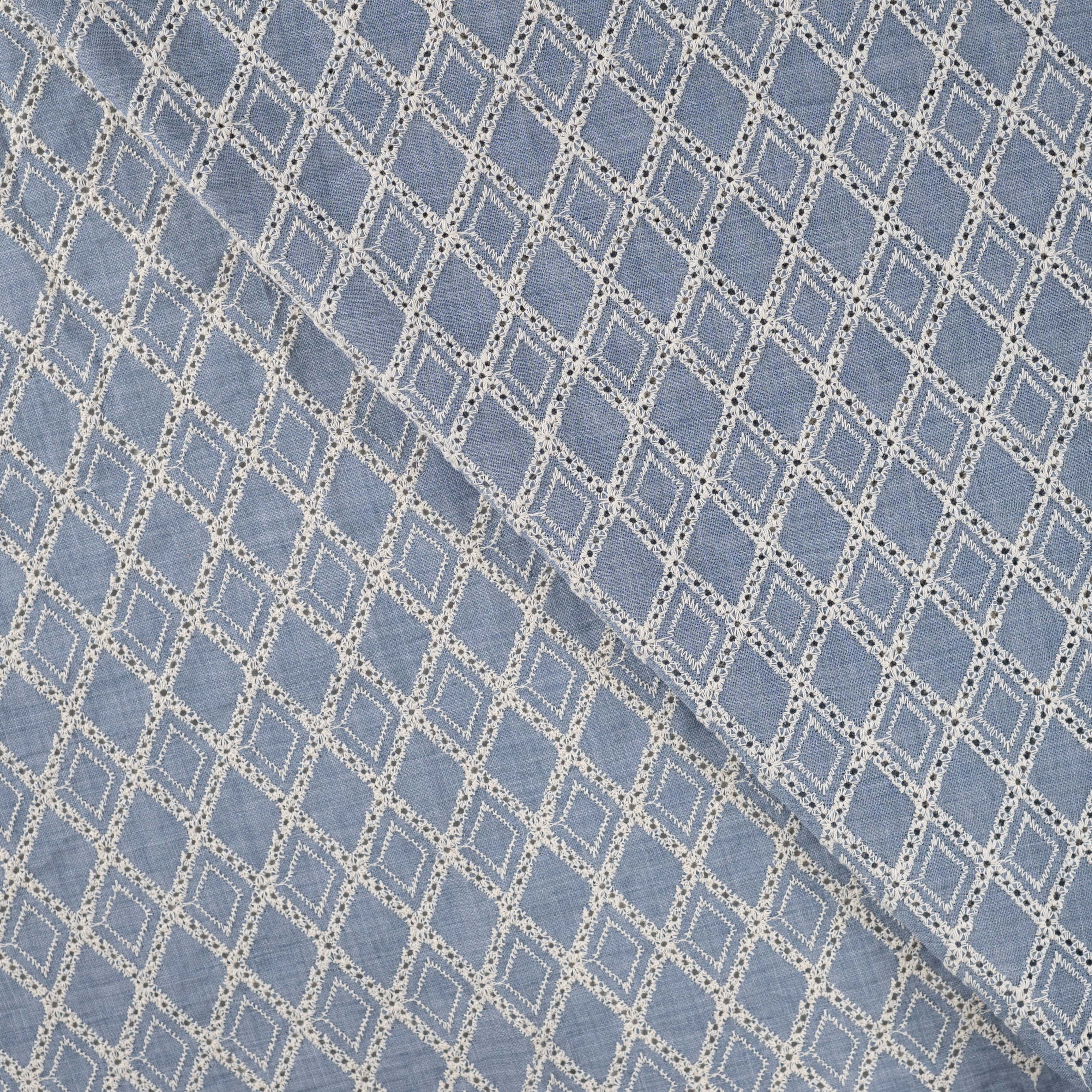 Embroidered Rhombus on Blue Eyelet Cotton Fabric