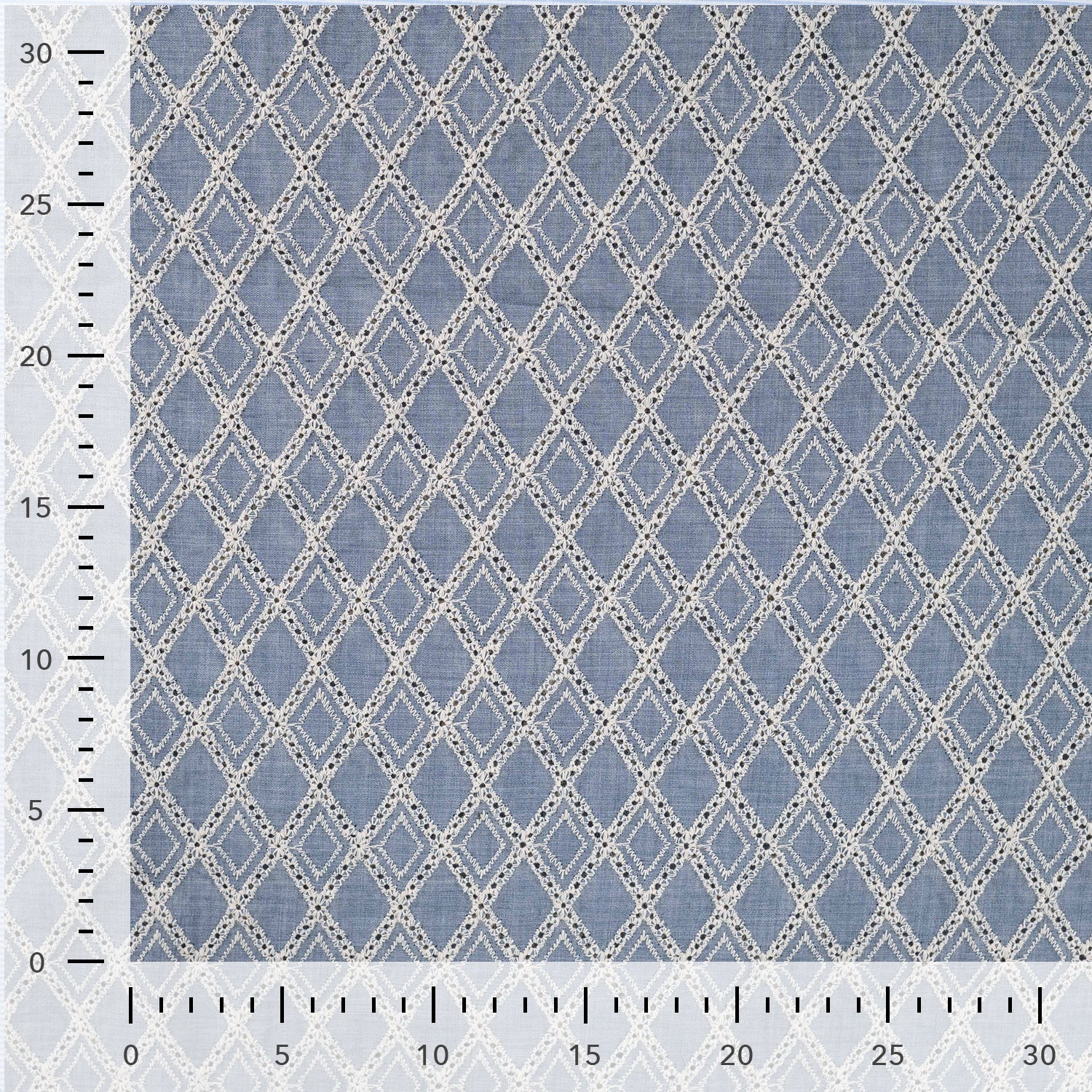 Embroidered Rhombus on Blue Eyelet Cotton Fabric