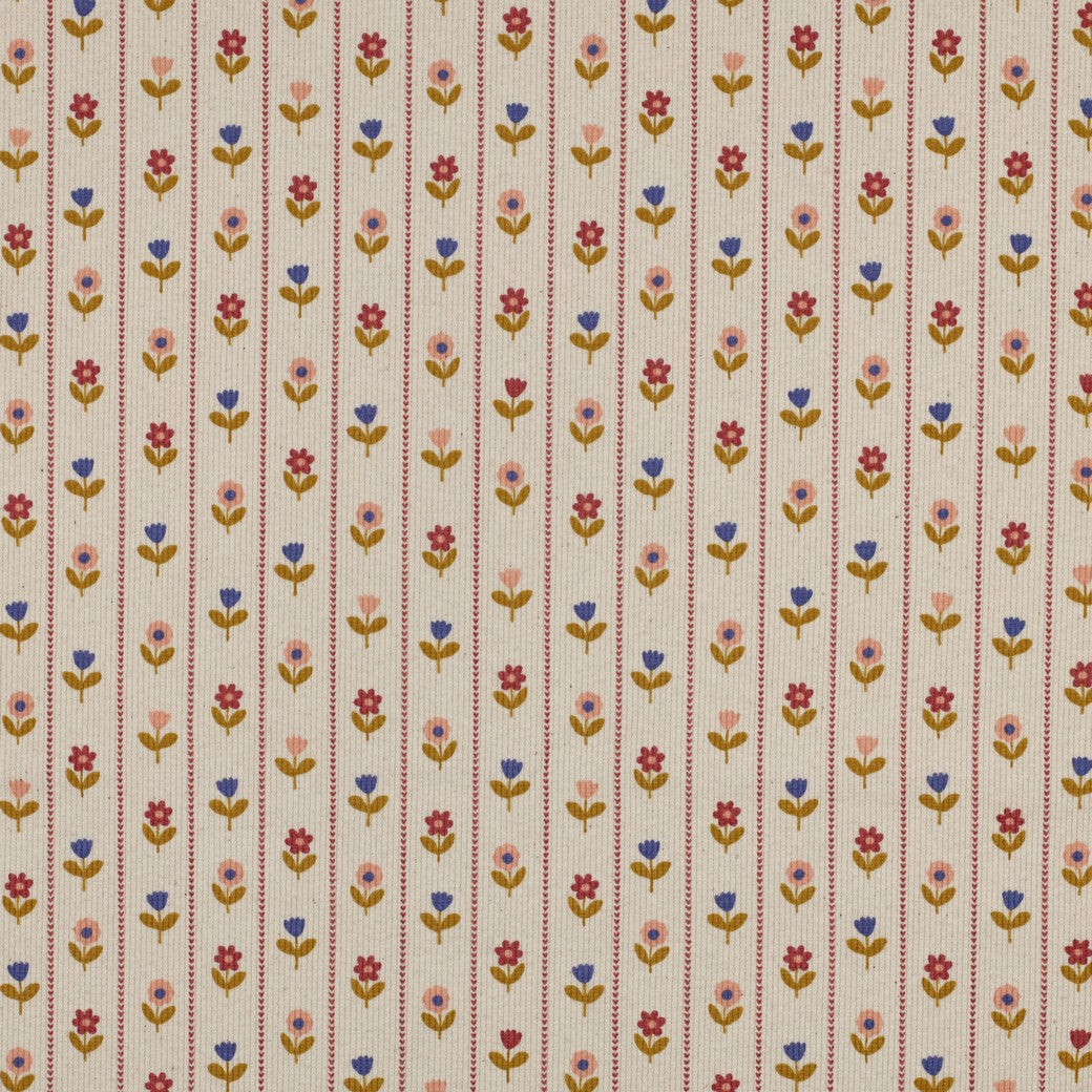 Flower Stripes on Natural Cotton Ribbed Jersey