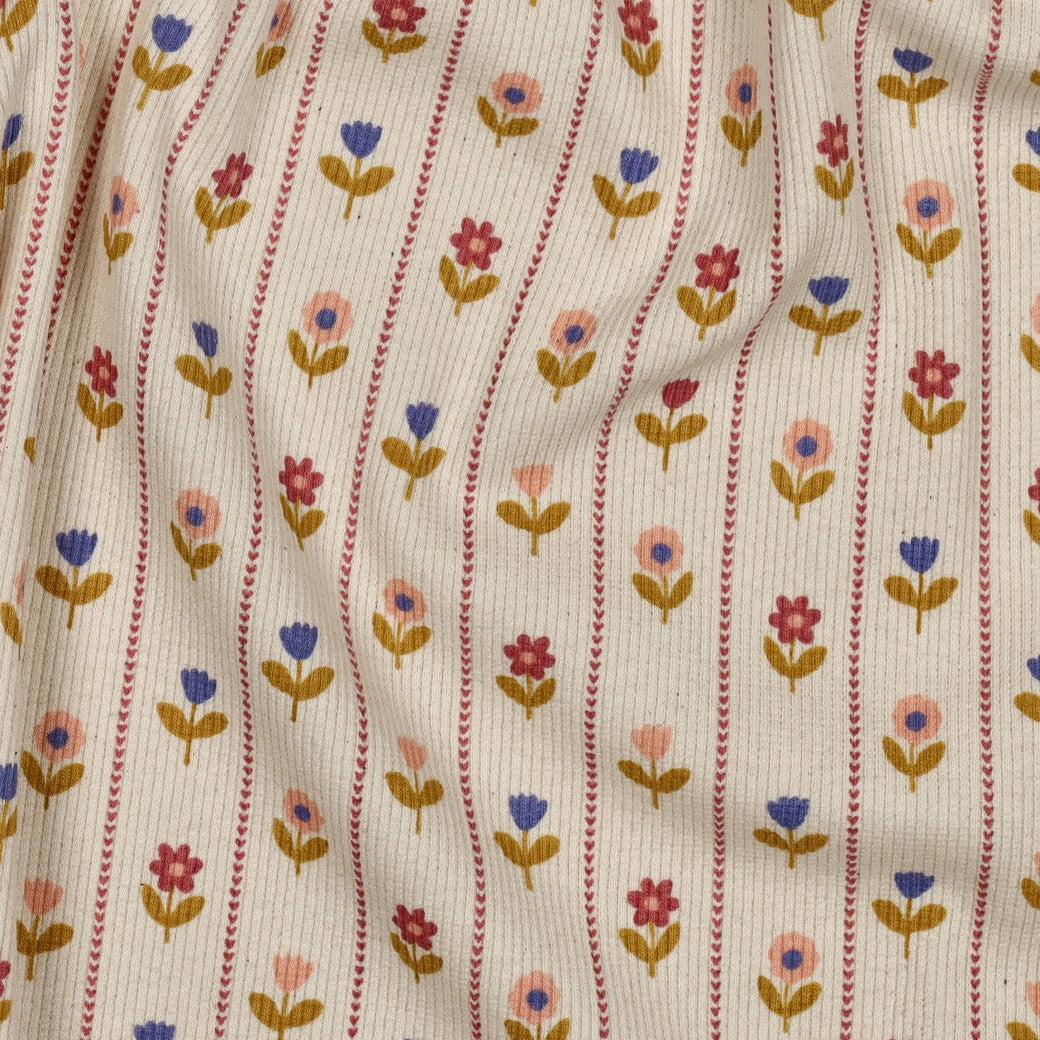 Flower Stripes on Natural Cotton Ribbed Jersey