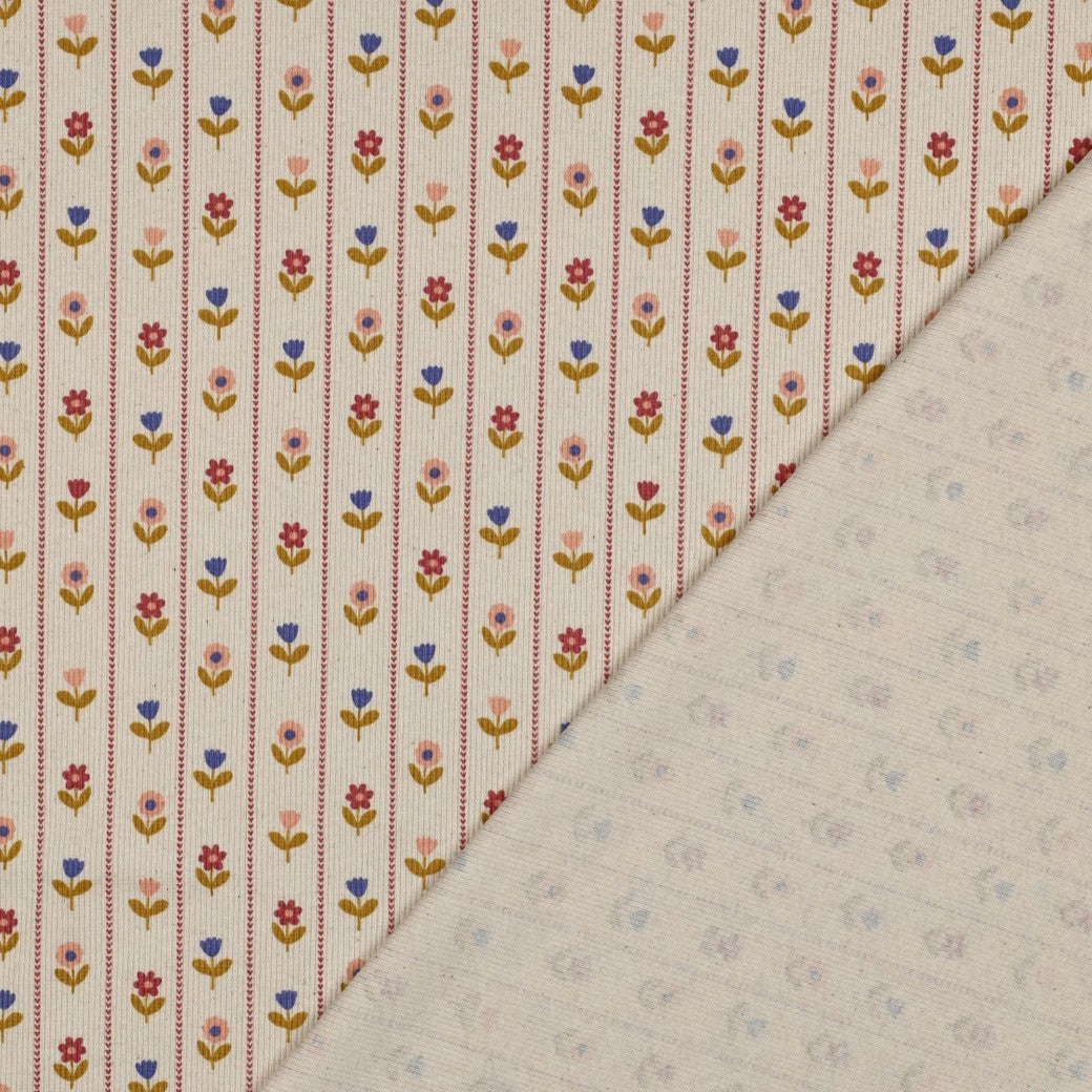 Flower Stripes on Natural Cotton Ribbed Jersey