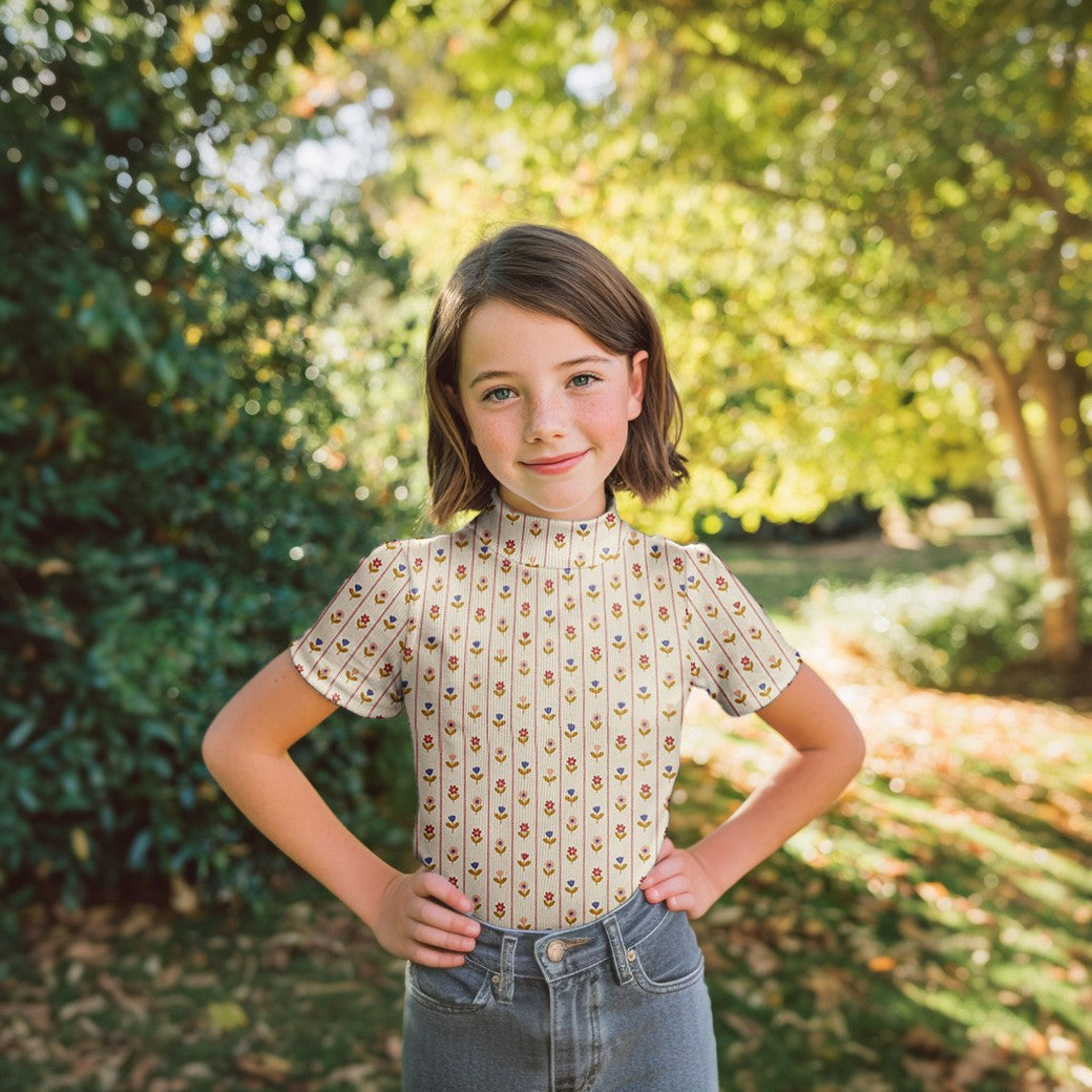 Flower Stripes on Natural Cotton Ribbed Jersey