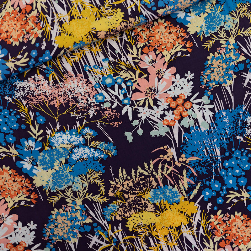 See You At Six - Wild Flowers Evening Blue EcoVero Viscose Rayon Sateen