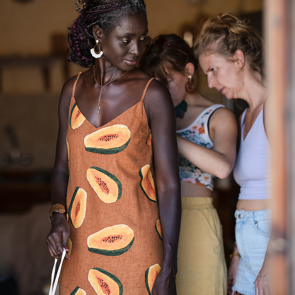 See You At Six - Papayas in Glazed Ginger Linen Viscose Fabric