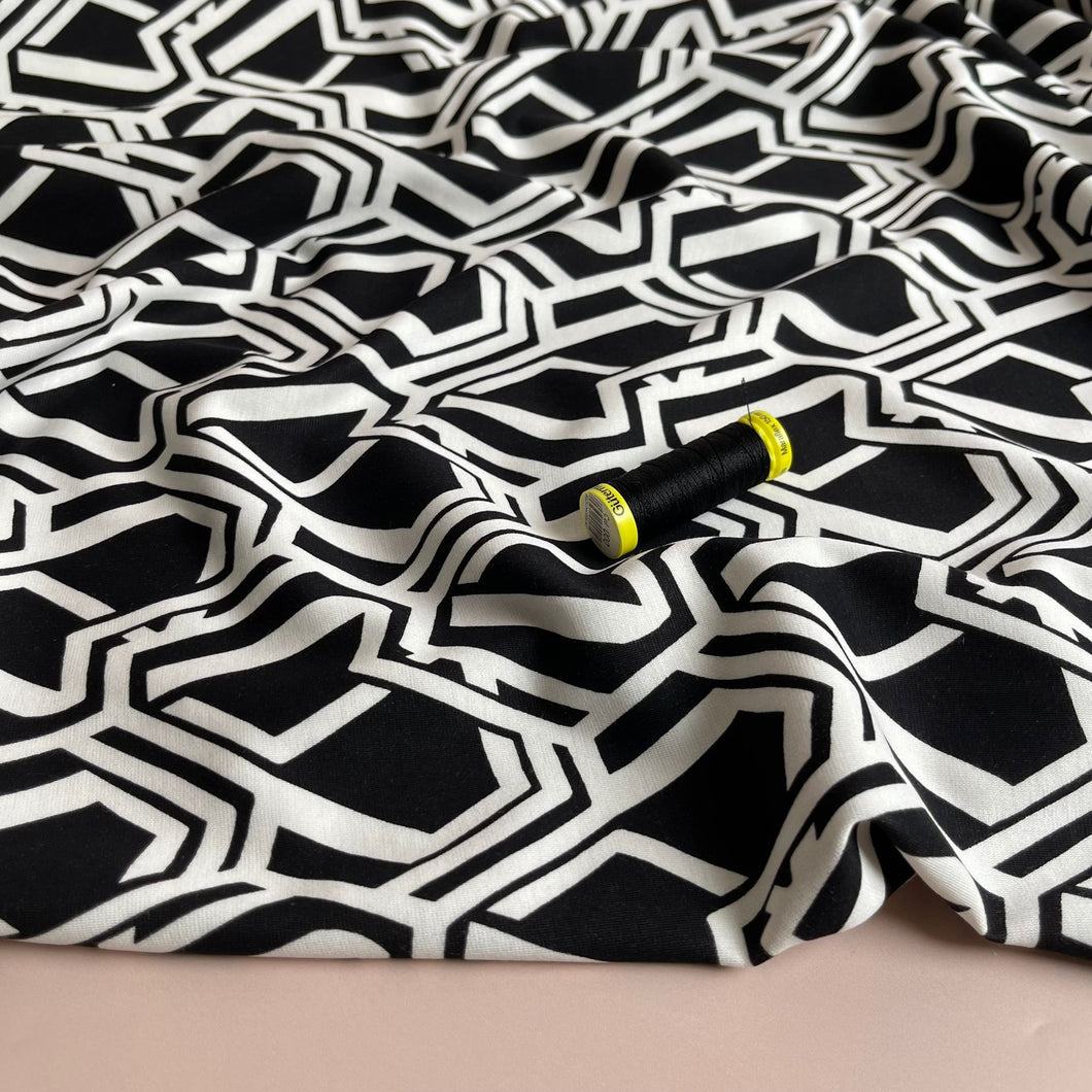 Honeycomb in Black and White Soft Ponte Roma Fabric