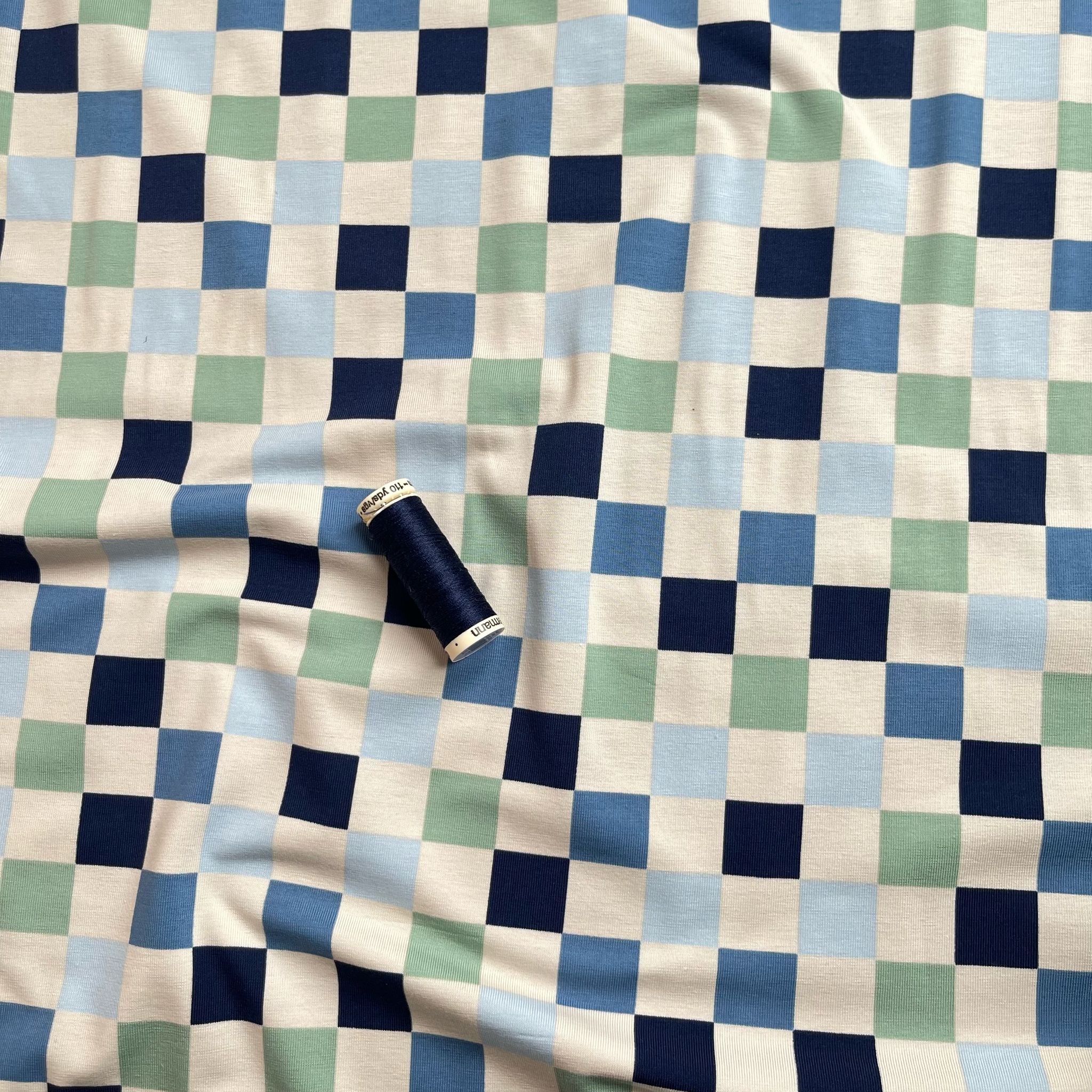 Checkers in Blue and Mint Cotton Jersey Fabric