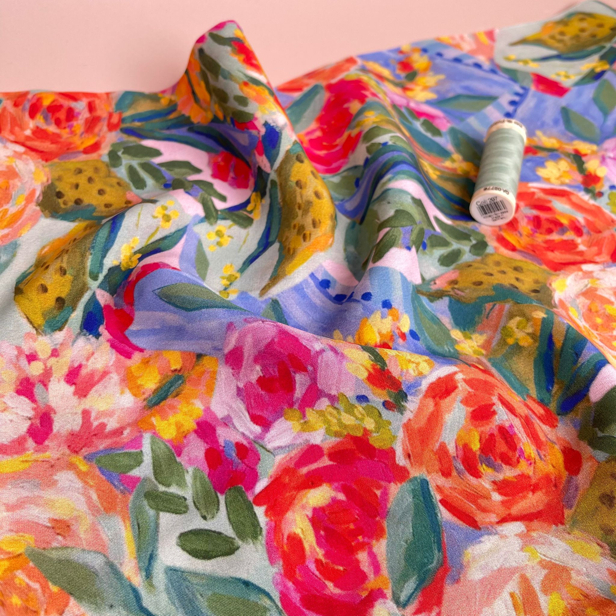 REMNANT 1.20 metres - Painted Peonies Viscose Fabric