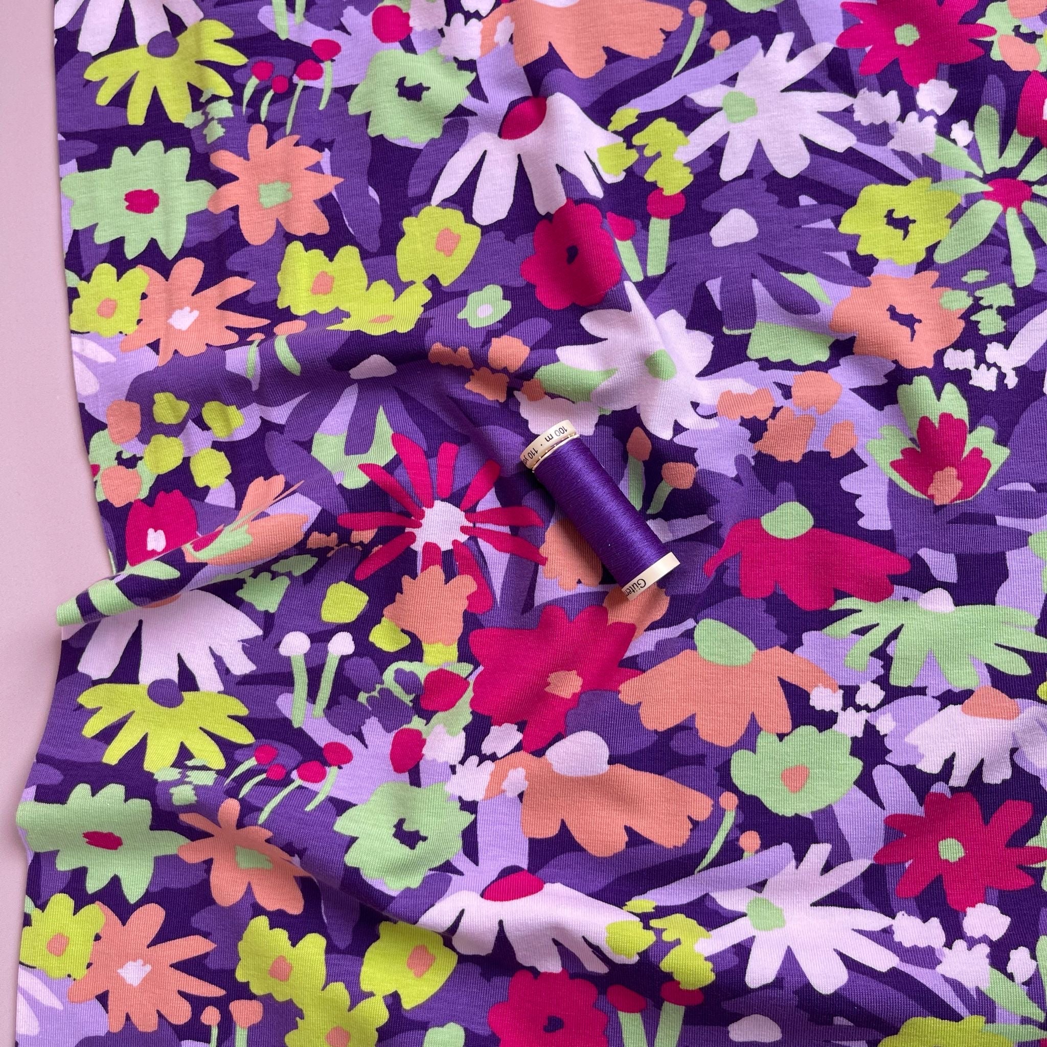 Nerida Hansen - Purple Pop Blossom GOTS Organic Cotton Jersey (WITH FAULT)