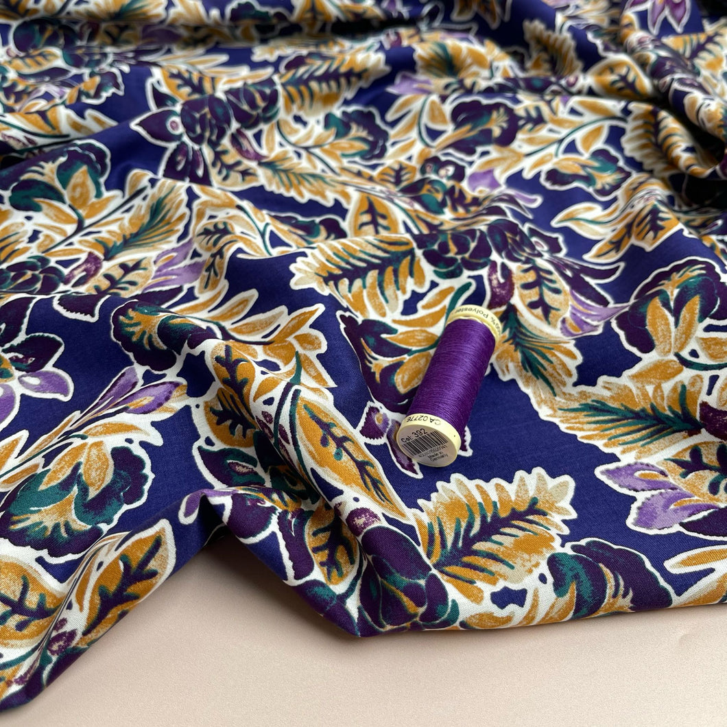 Golden Foliage on Purple Viscose Fabric