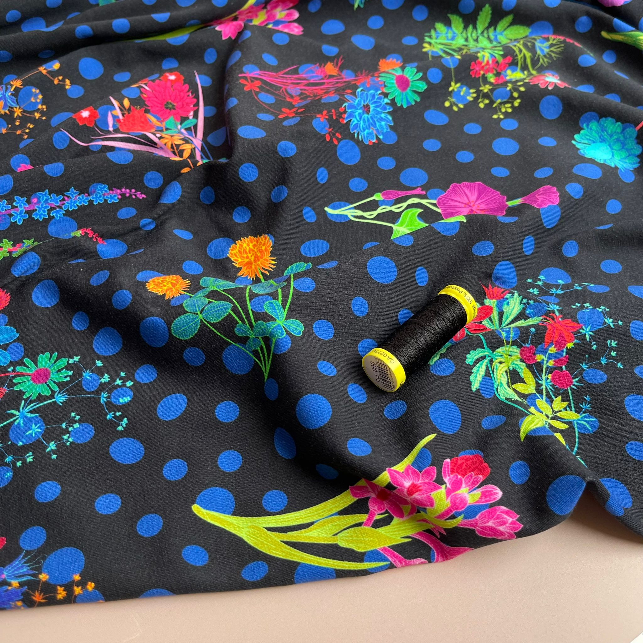 Danish Design - Disco Flowers on Black Cotton Jersey Fabric