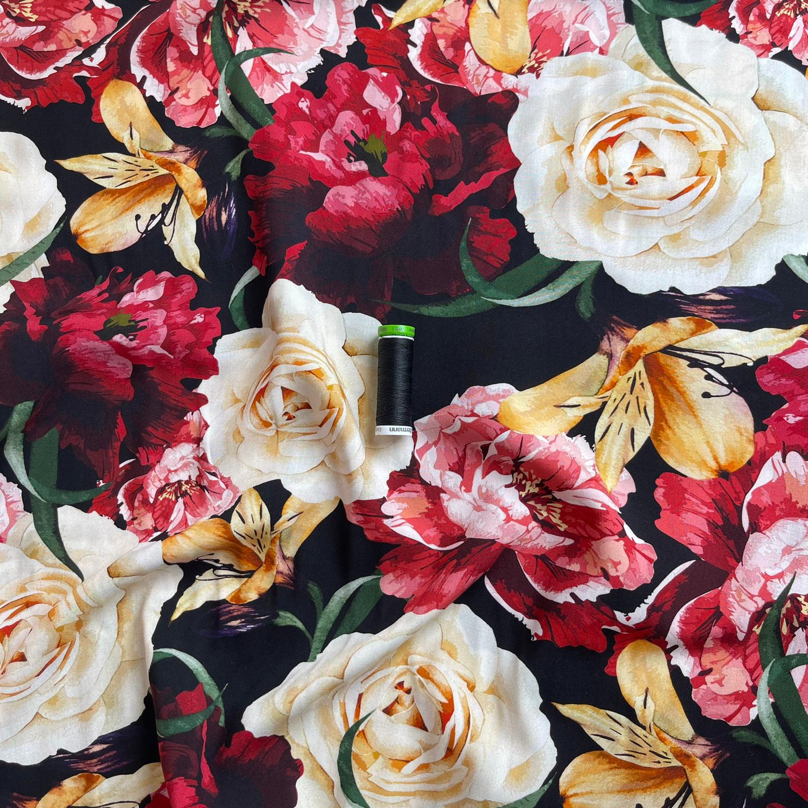 REMNANT 0.69 Metre - Romance Flowers on Black Viscose Fabric