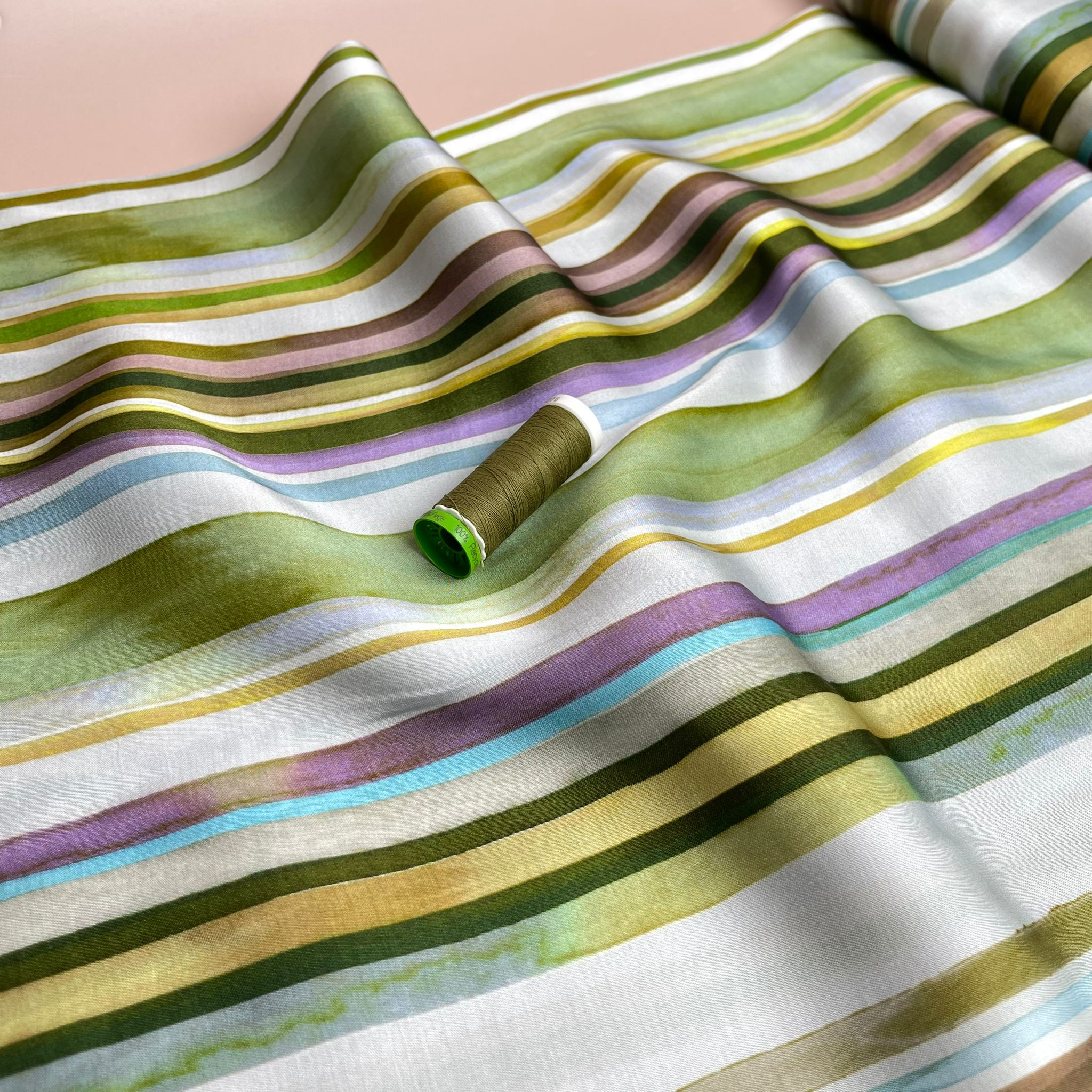 Summer Stripes Green Viscose Sateen Fabric