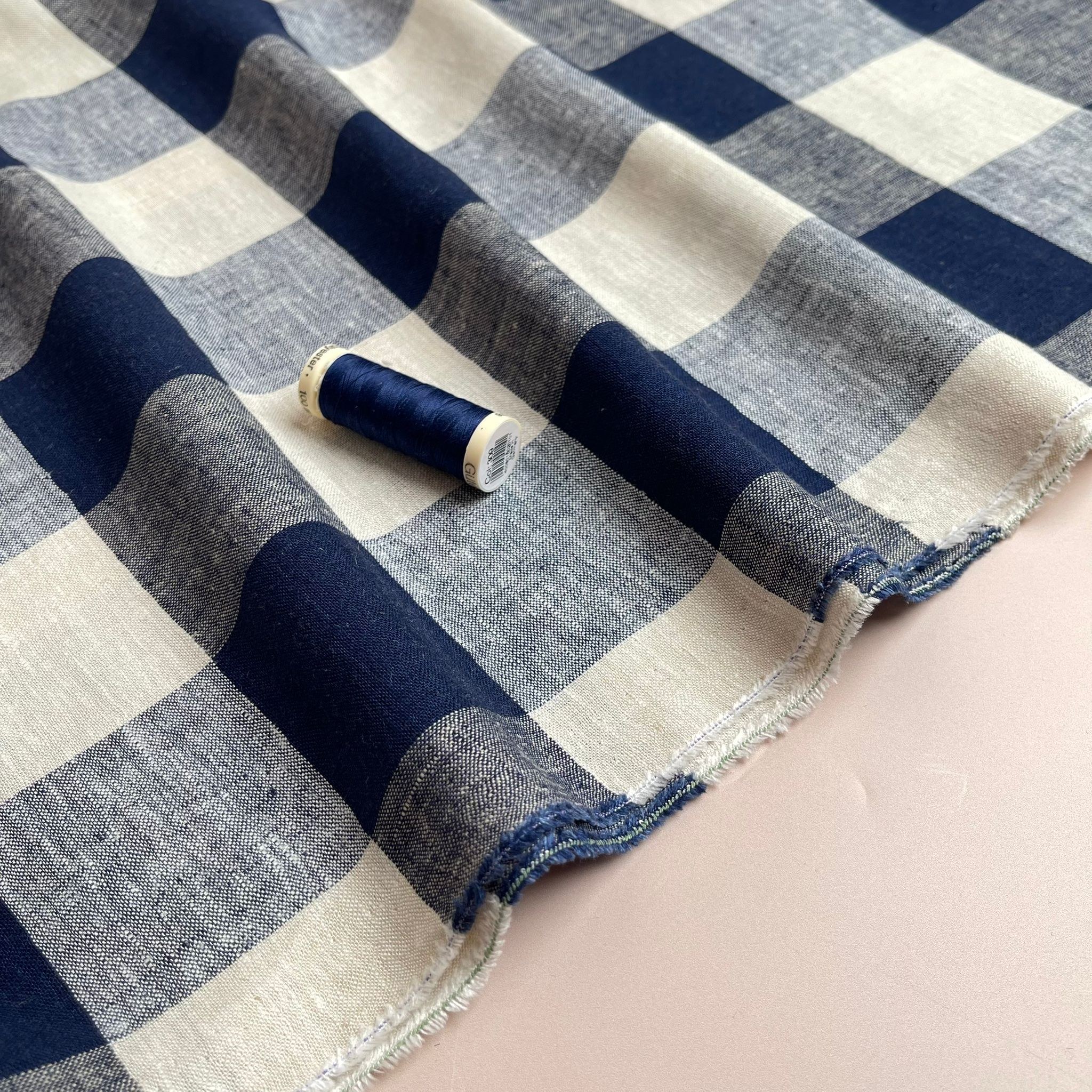 Yarn Dyed Navy Gingham Viscose Linen Fabric