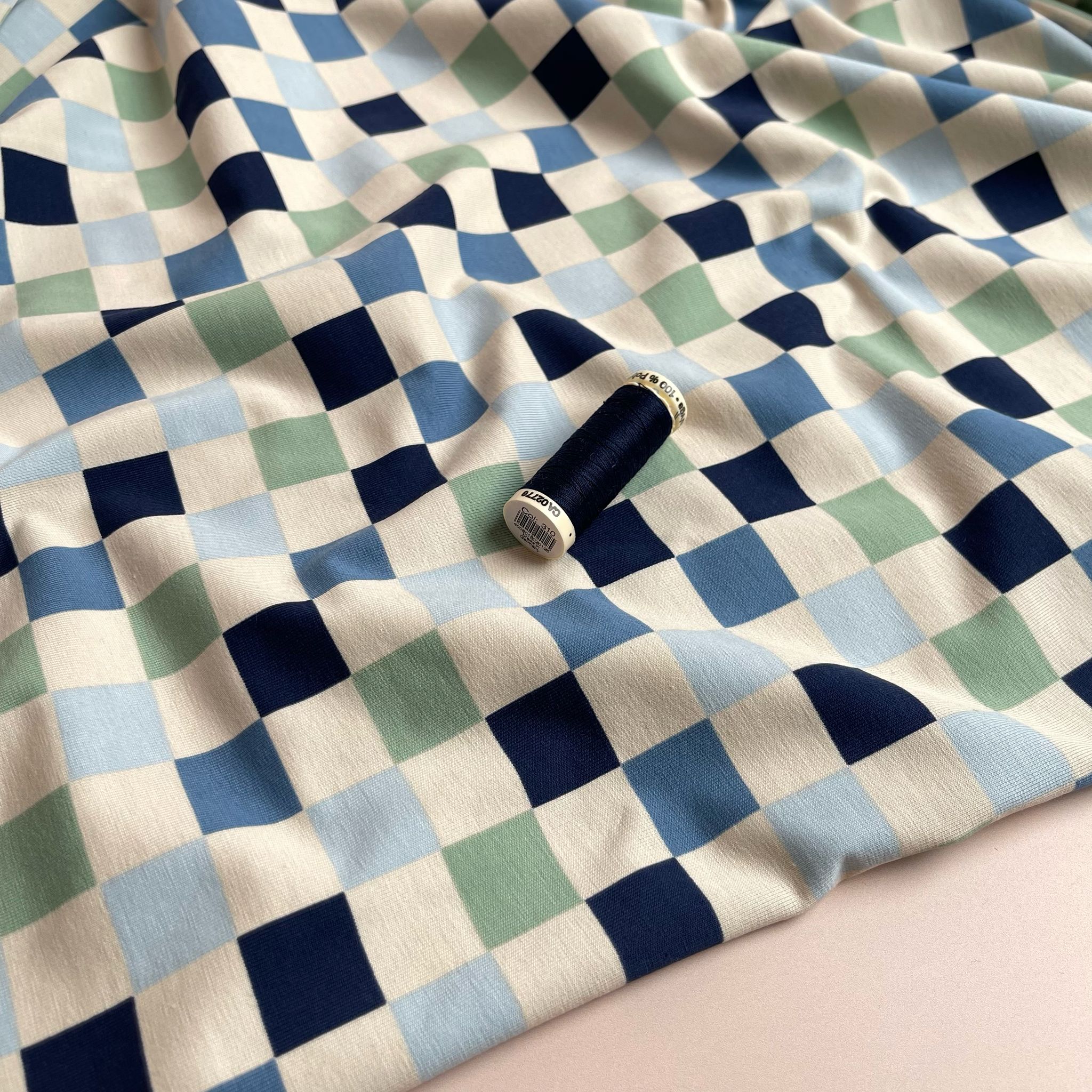 Checkers in Blue and Mint Cotton Jersey Fabric