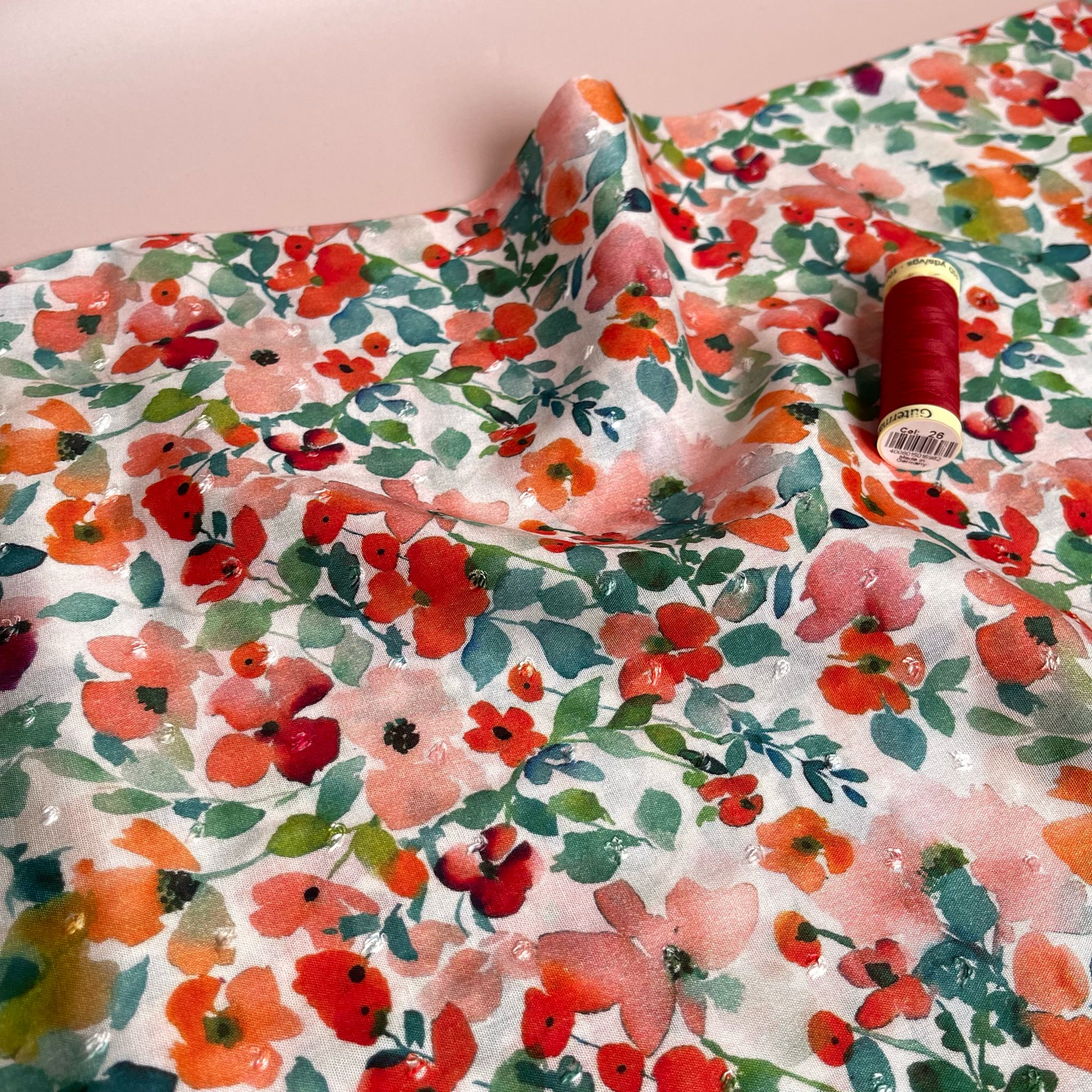 Poppy Field Blossoms on White Dobby Viscose Fabric