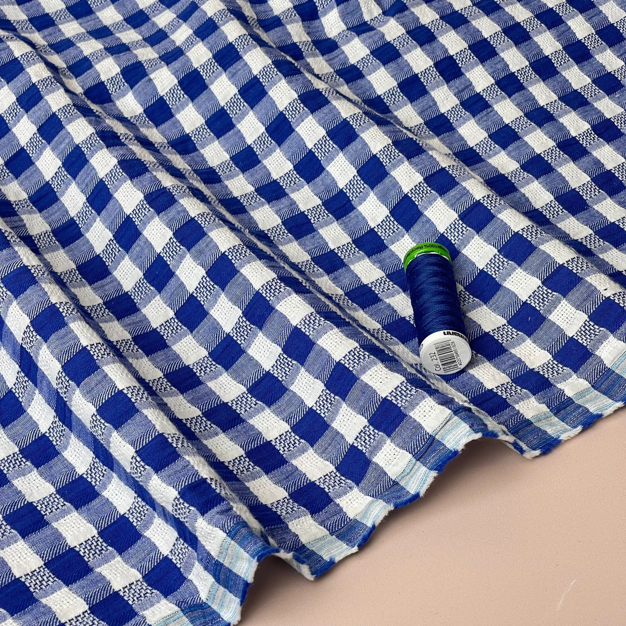 Blue Gingham Cotton Seersucker Fabric